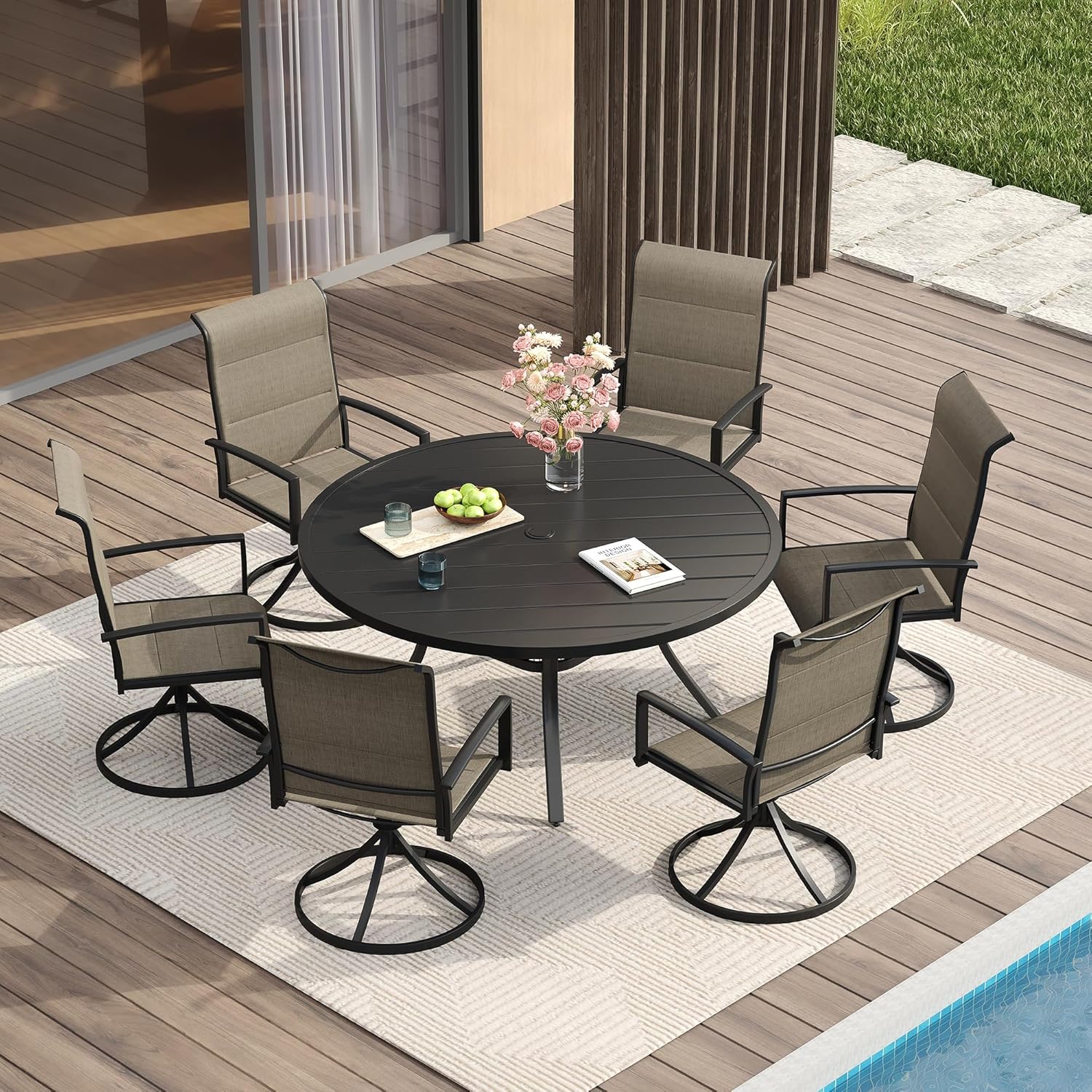 VICLLAX 7 Pieces Patio Dining Set for 6, All Weather Outdoor Furniture - 47.2" Round Patio Table and Swivel Padded Chairs, Black Tabletop and Mixed Brown Fabric