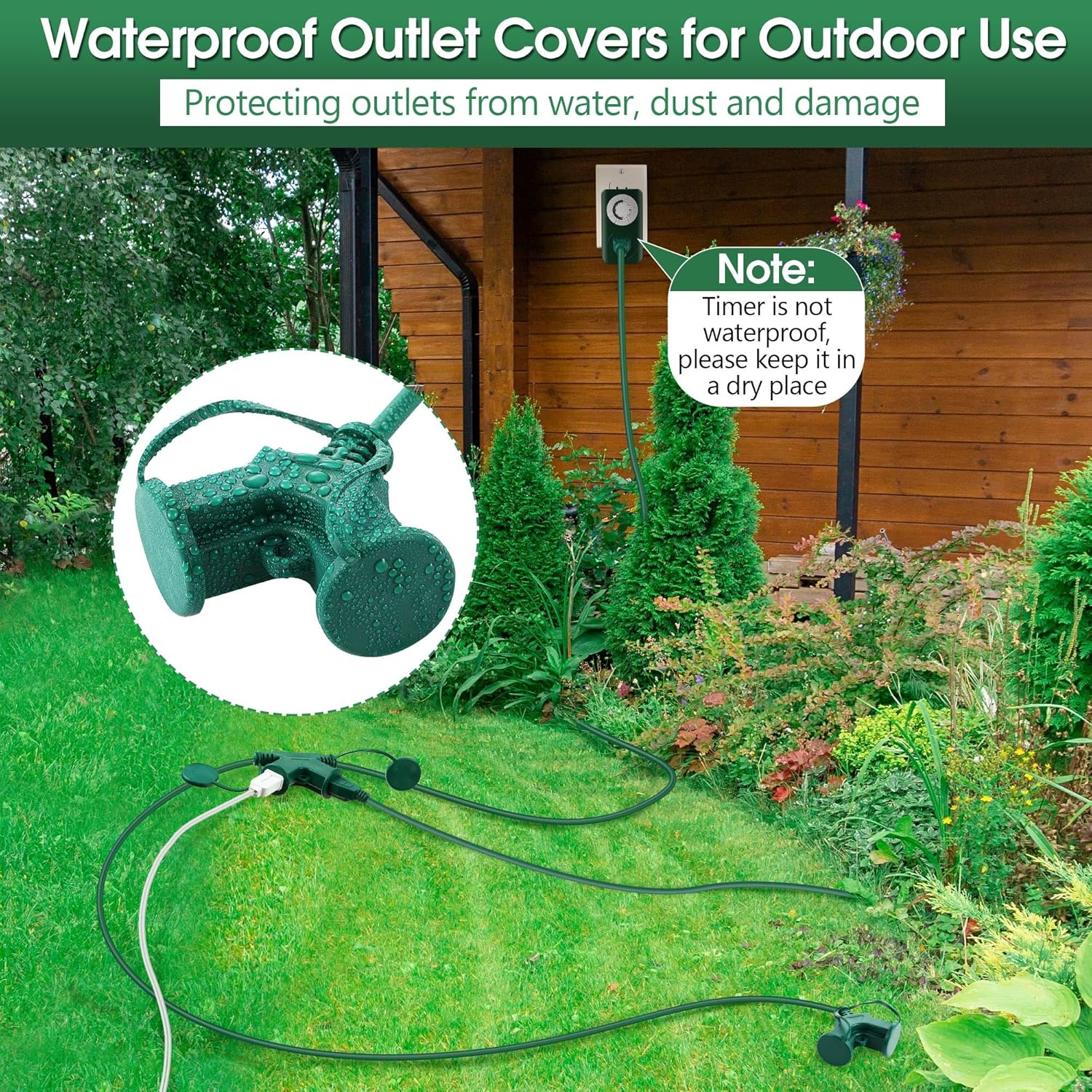 Feekoon Outdoor Extension Cord with Multiple Outlets and Timer, 16AWG SJTW Green Extension Cord Splitter with Waterproof Covers for Christmas Inflatables, Patent Pending(4 Outlets,25 FT)