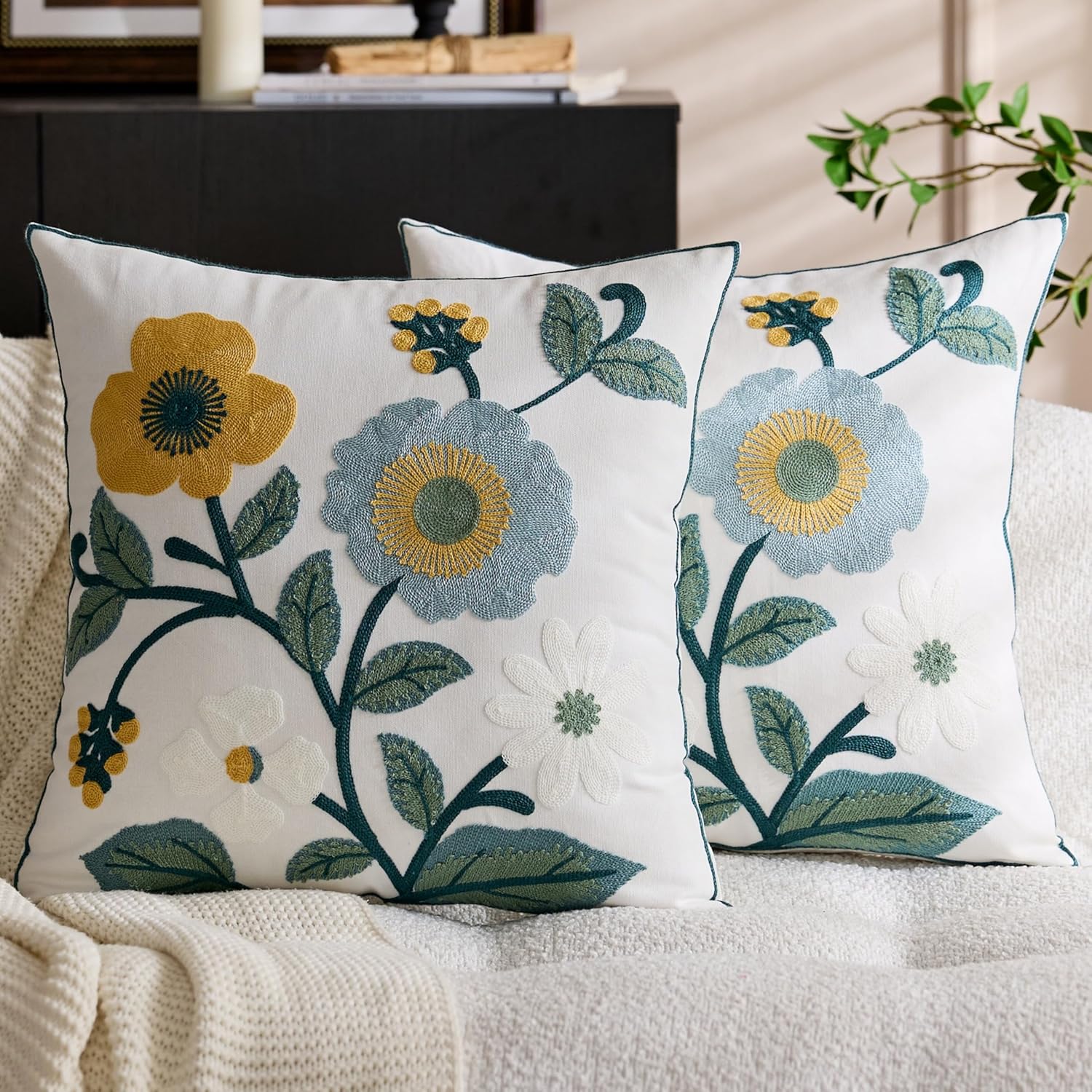 Embroidered Flower Throw Pillow Covers 18x18 Set of 2, Farmhouse Floral Decorative Cushion Cases with Zipper for Rustic Couch Bed Aesthetic (Tropical Flower, 18" x 18" (Pack of 2))