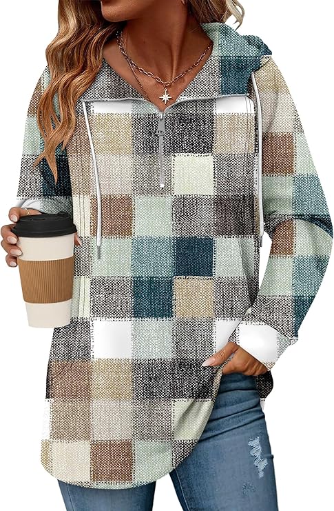 onlypuff Women Hoodie Pullover Trendy Quarter Zipper Lapel Sweatshirts Drawstring Cute Hooded Tunic Tops with Side Pockets