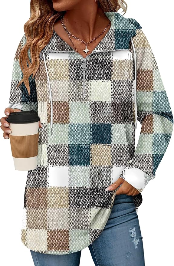 onlypuff Women Hoodie Pullover Trendy Quarter Zipper Lapel Sweatshirts Drawstring Cute Hooded Tunic Tops with Side Pockets