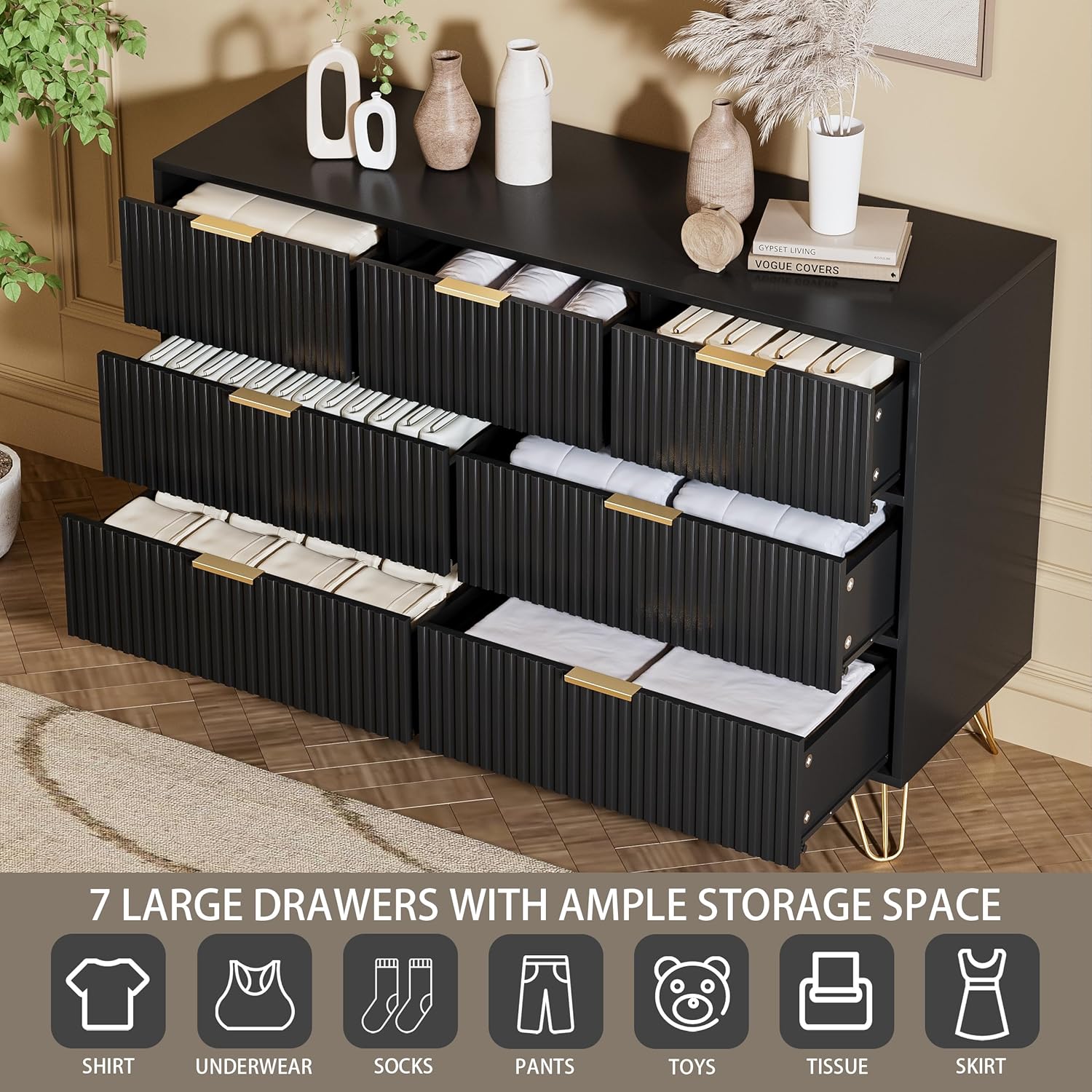 Dresser for Bedroom, Fluted Modern Dresser with Gold Pulls and 7 Drawers, 15.7" D x 47.2" W x 31.4" H, Black