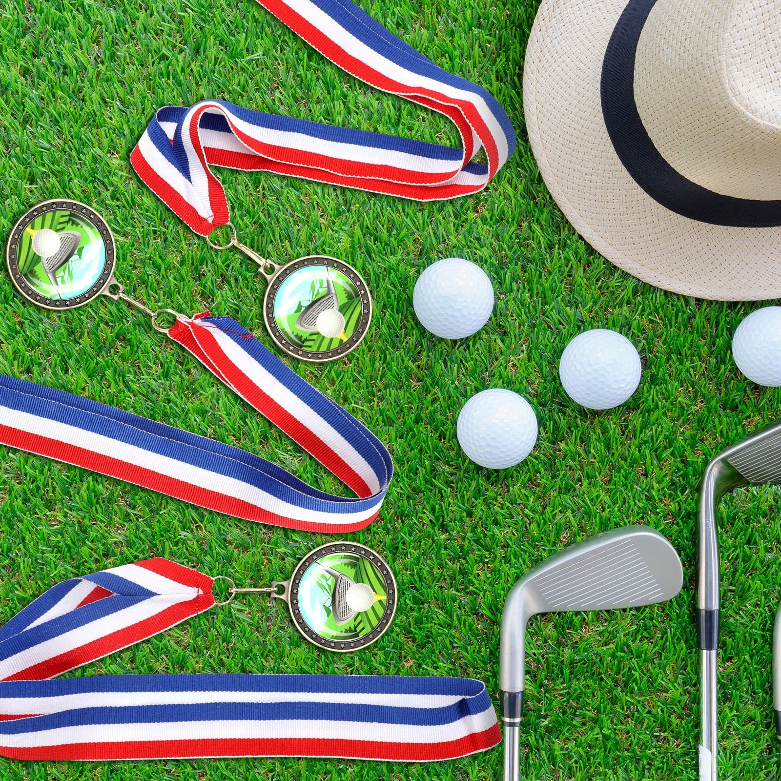 Inbagi 8 medallas de color de golf de 2 pulgadas, medalla de golf de oro con cinta de cuello roja, blanca y azul, para niños y adultos, torneo de golf