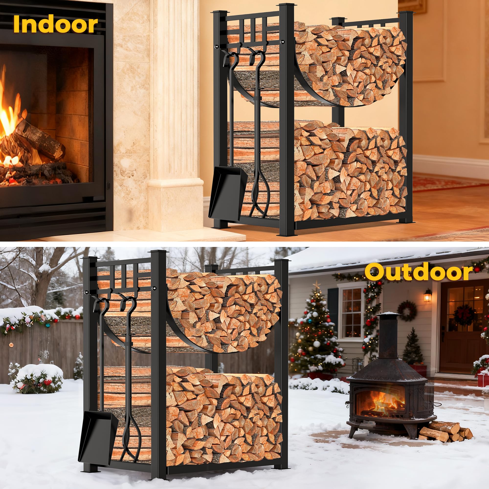 Amagabeli Porte-Bûches De Cheminée Grand Modèle 80x40x30 Cm Avec 4 Outils En Fer Forgé – Support à Bois Intérieur Extérieur Noir Mat