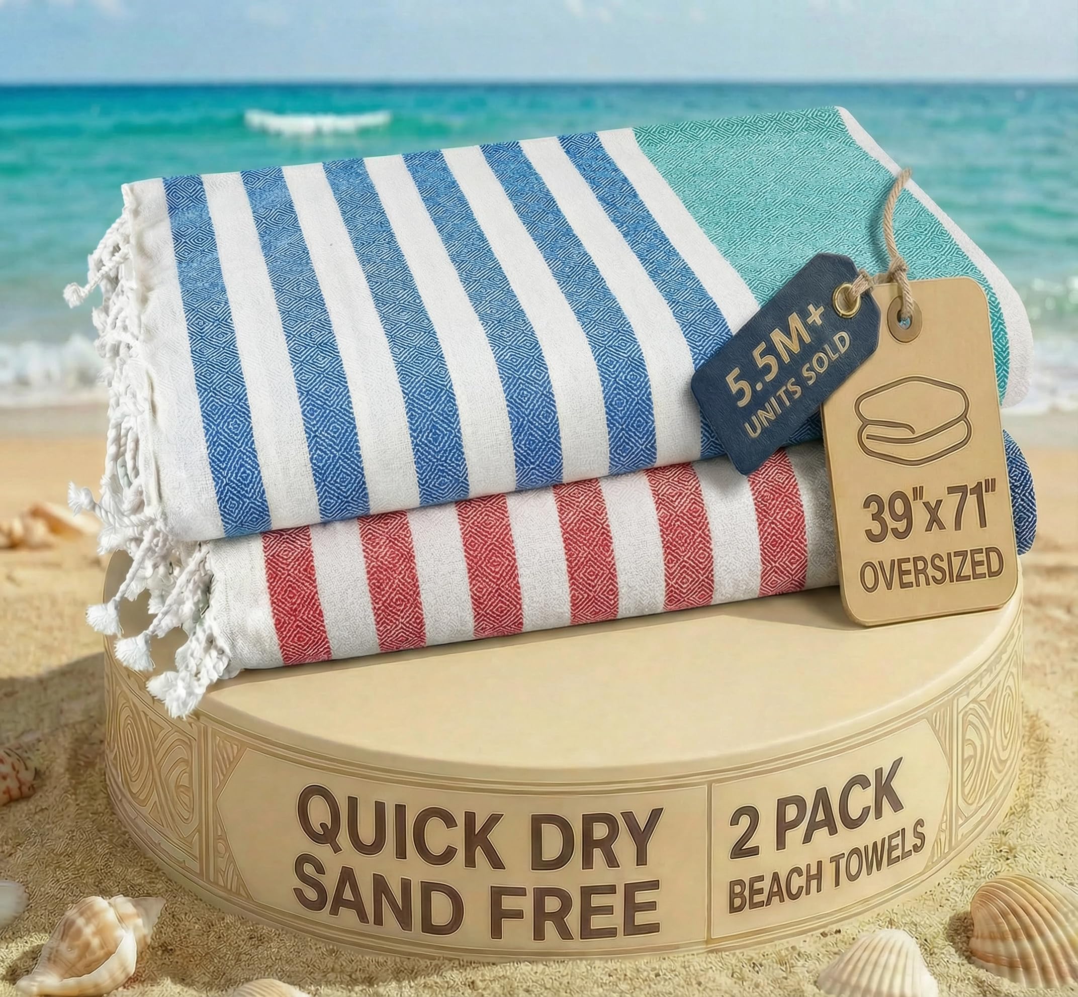 LANE LINEN Beach Towels For Women, 2 Pack Large Turkish Towels Oversized, Pre-Washed, No-Shrink Sand Free Towel, Quick Dry, Lightweight Travel,Soft Beach Essentials 39"x71" - Stripe