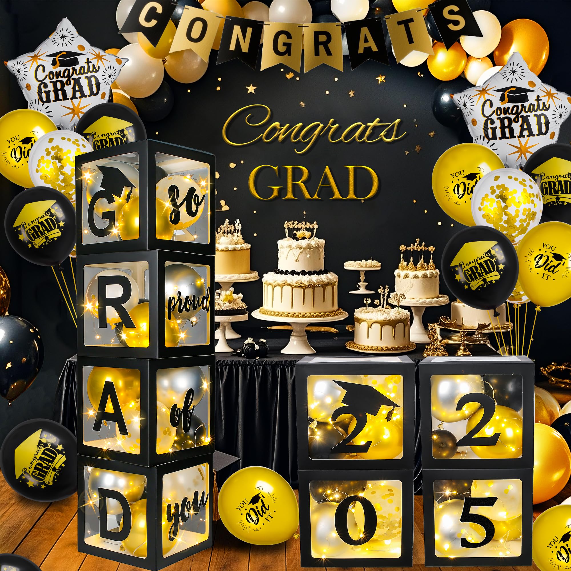 AYGXU Graduation Decorations 2025-Graduation Party Decorations,Graduation Balloons Boxes(4PCS) with LED Light Strings & Letters 2025 GRAD So Proud of You,Party Favors For Any Grades Class.
