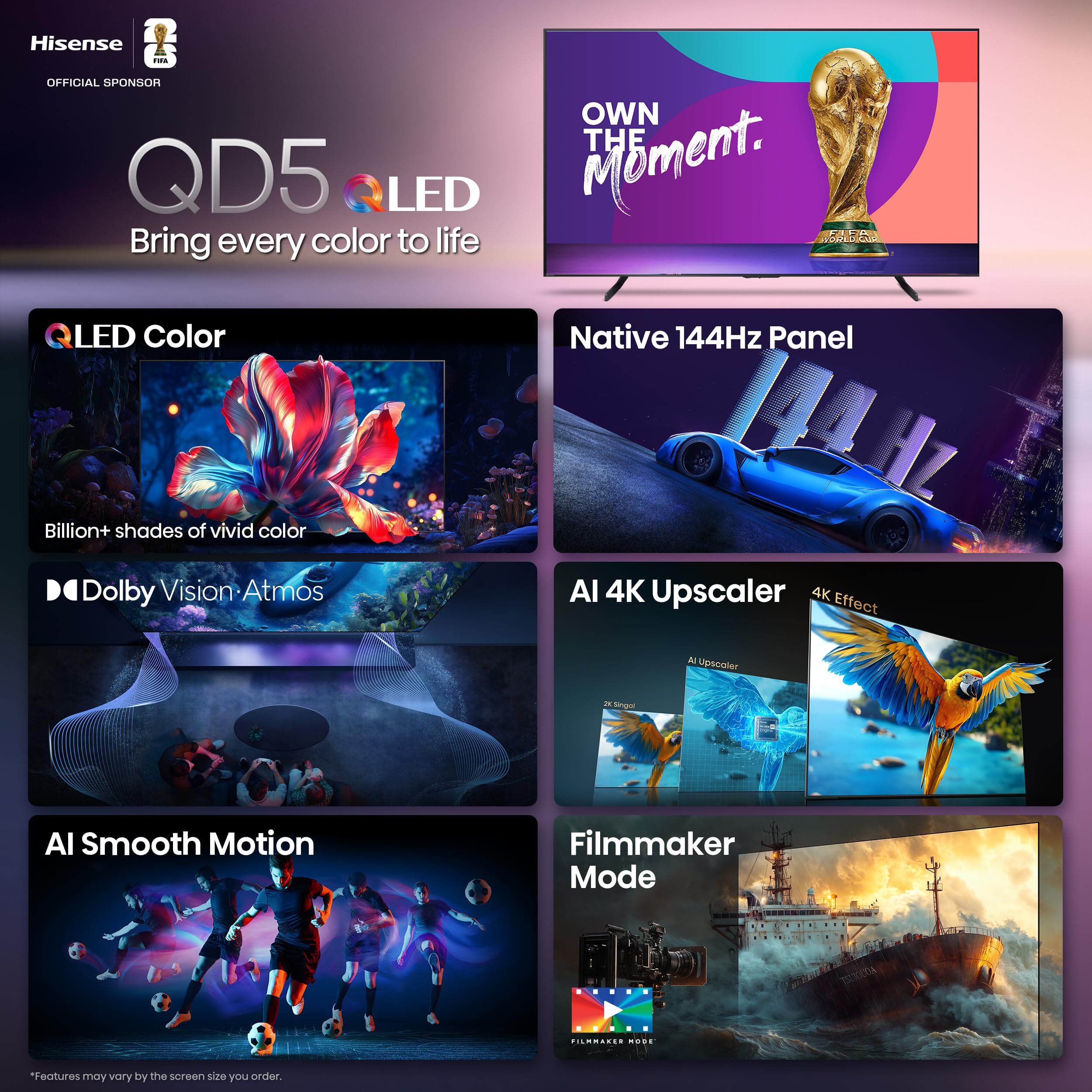 Hisense 98" Class QD5 Series (98QD5QG, 2025 Model) QLED 4K UHD Smart Google TV, Native144Hz, Motion Rate 480, Dolby Vision Atmos, HDR 10+, AMD FreeSync Premium, MEMC, VRR, ALLM