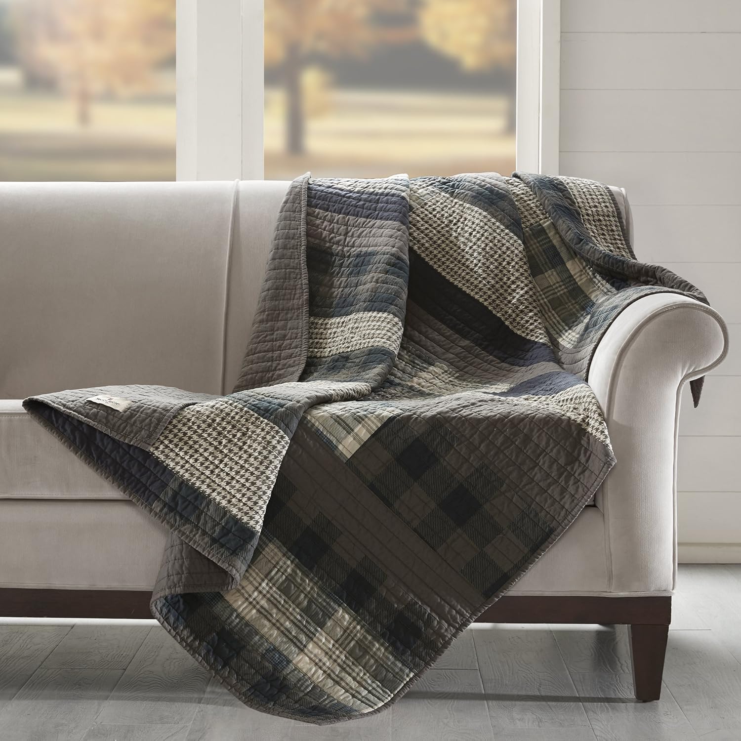 Woolrich Luxury Quilted Throw - Cabin Lifestyle, Patchwork with Moose Design All Season, Lightweight and Breathable Cozy Bedding Layer Throws for Couch Sofa, 50" W x 70" L, Winter Hills Taupe - Image 2