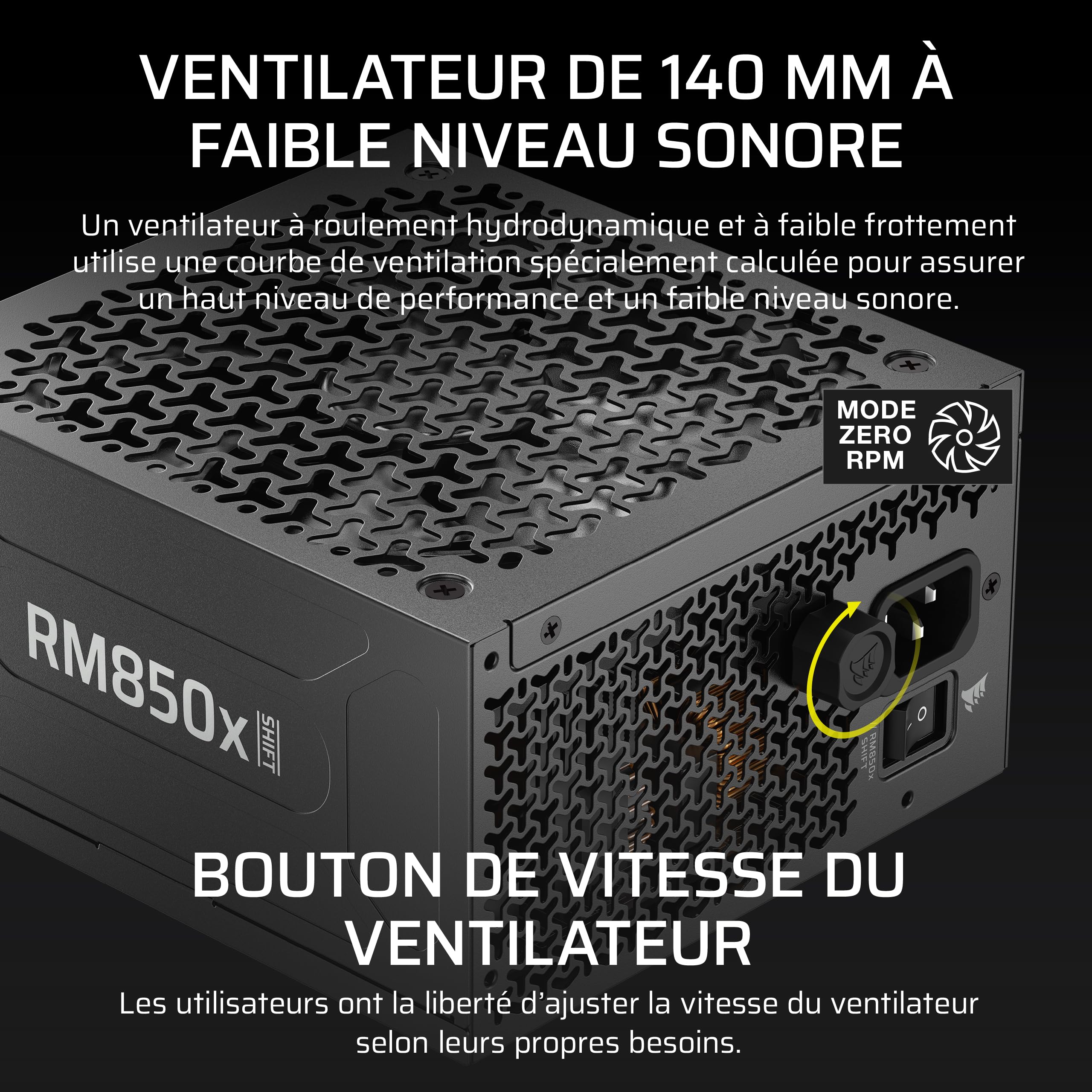 Corsair RM850x Shift Alimentation ATX entièrement modulaire - Câble 12 V-2x6 natif, ATX 3.1 et PCIe 5.1, Bouton de contrôle de la Vitesse du Ventilateur, Condensateurs Japonais, Certifié Gold - Noir