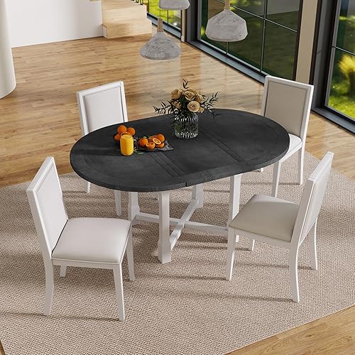 Merax Mesa de comedor extensible de 5 piezas y 4 sillas tapizadas, juego de mesa de comedor redonda ovalada para 4, juego de mesa de cocina de