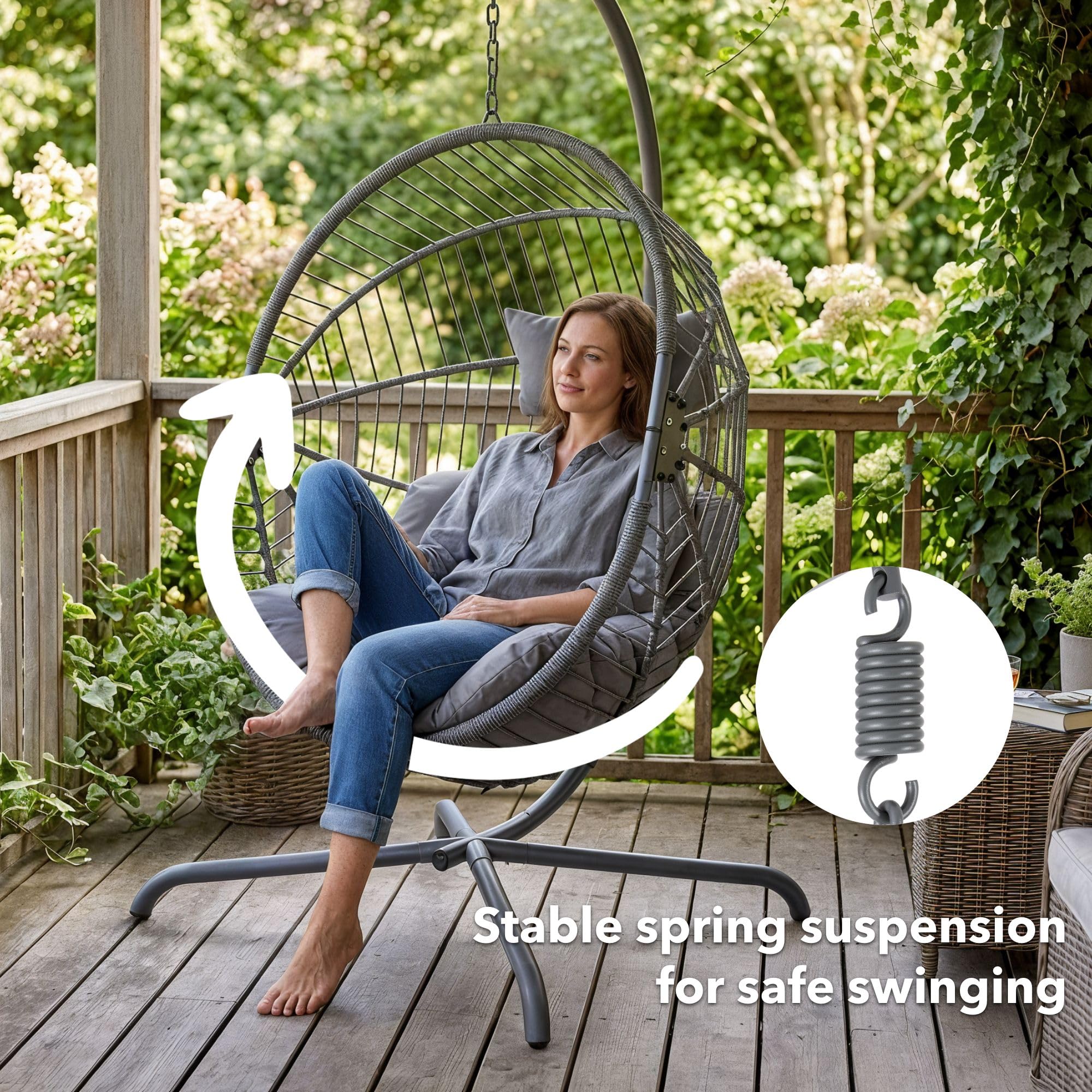 Arebos Silla Colgante de Jardín con Soporte, Sillón Huevo Exterior e Interior, Altura Regulable 160-180cm, Hamaca con Estructura de Acero 130kg, Incluye Cojines Relax para Terraza o Balcón, Color Gris