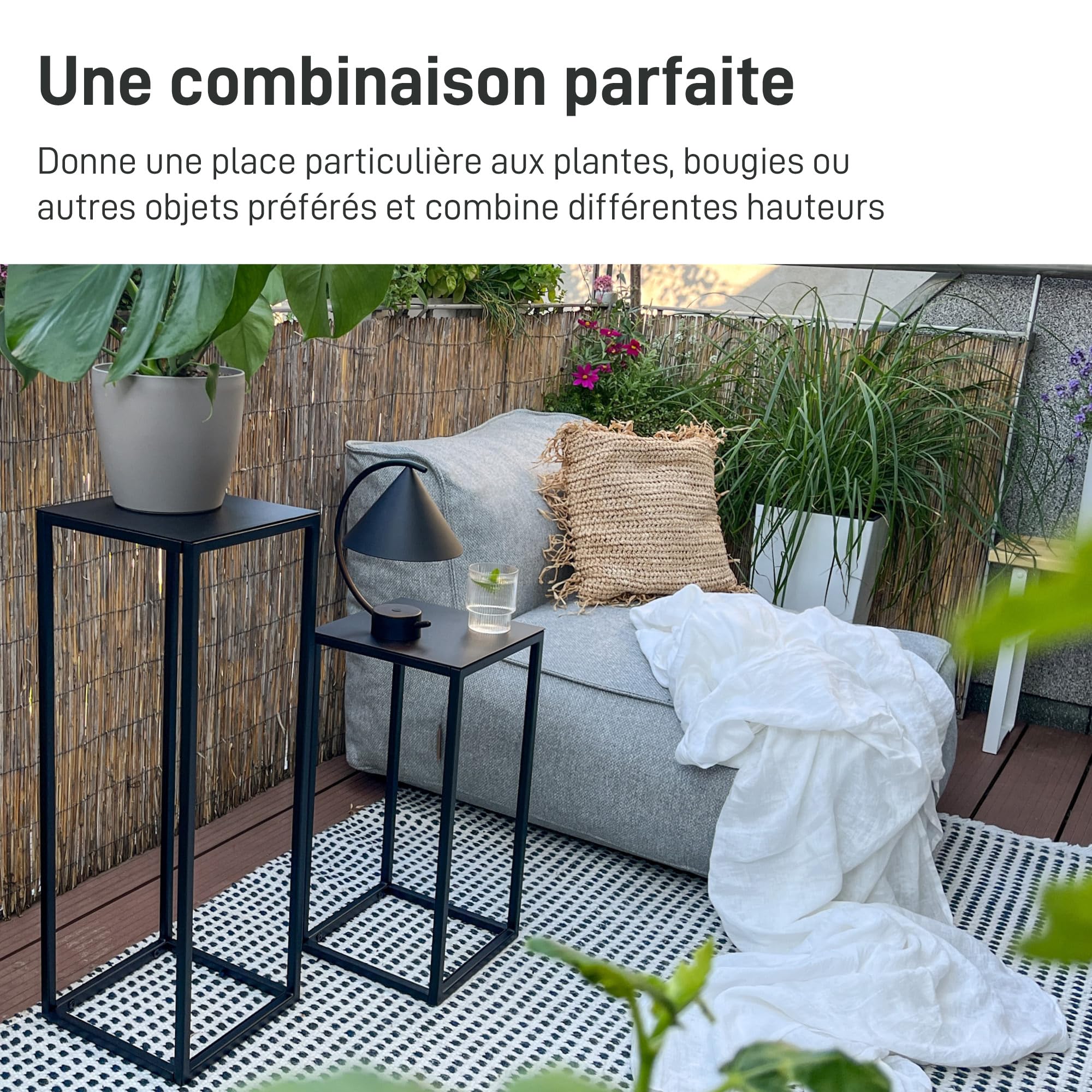 Natural Goods Berlin 1x support pour plantes RECHTECK, tabouret à fleurs carré en métal, pour l'intérieur et l'extérieur, table d'appoint, résistant aux intempéries (Noir, 70cm)