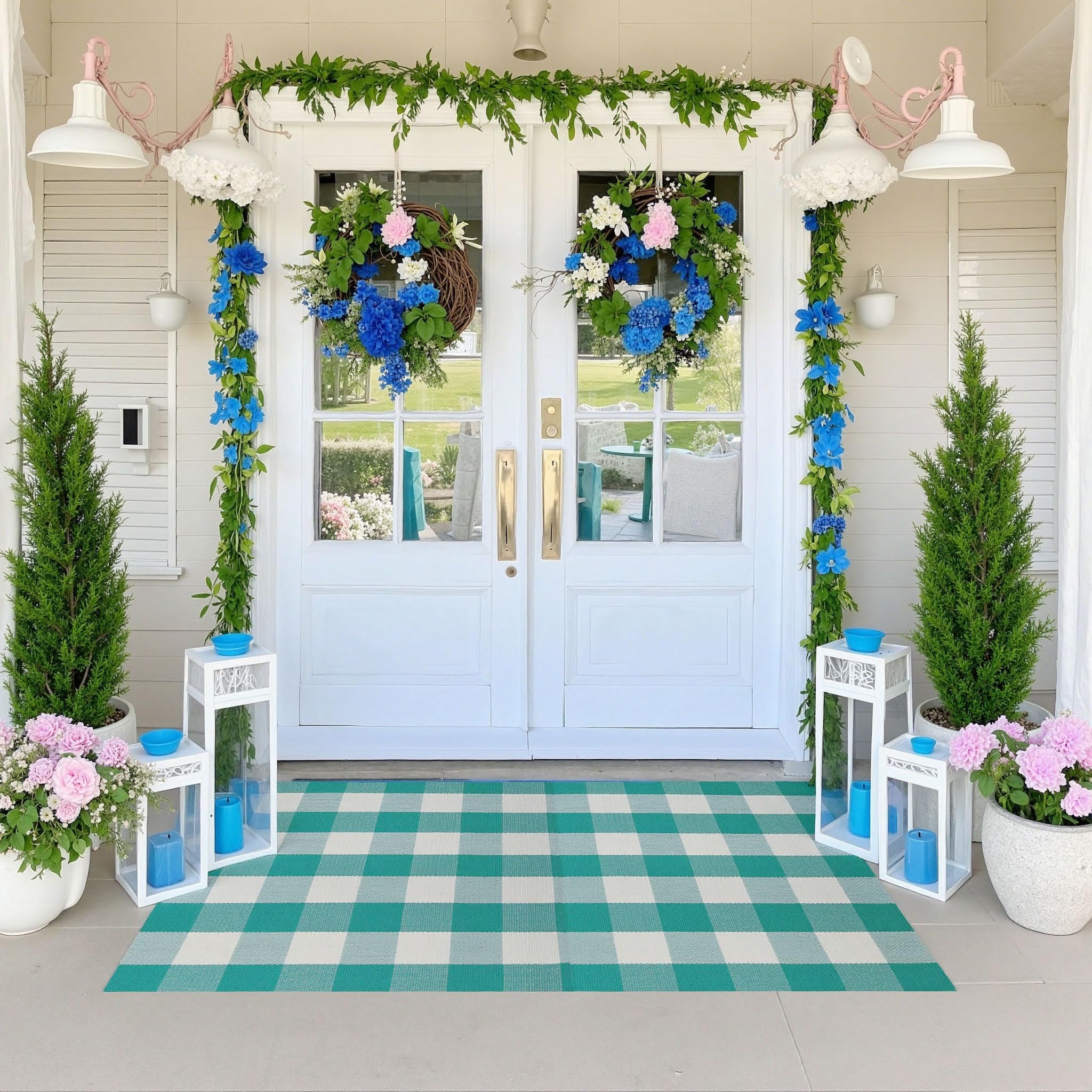WAYYE Buffalo Plaid Outdoor Rug 3x5 Ft Teal Green and White Plaid Checkered Area Rug Washable Doormats Indoor Outdoor Rugs for Layered Front Door Mats, Porch, Entryway, Kitchen, Farmhouse โ image 1