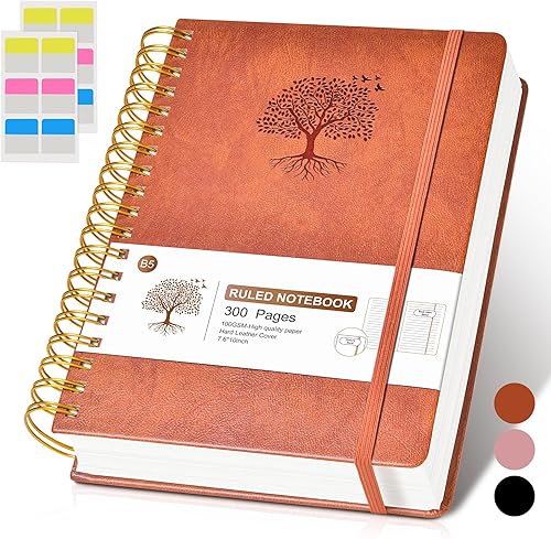 Cuaderno con espiral rayado, 300 páginas de tapa dura de cuero para mujeres y hombres, cuadernos universitarios grandes B5, papel grueso de 100 GSM,