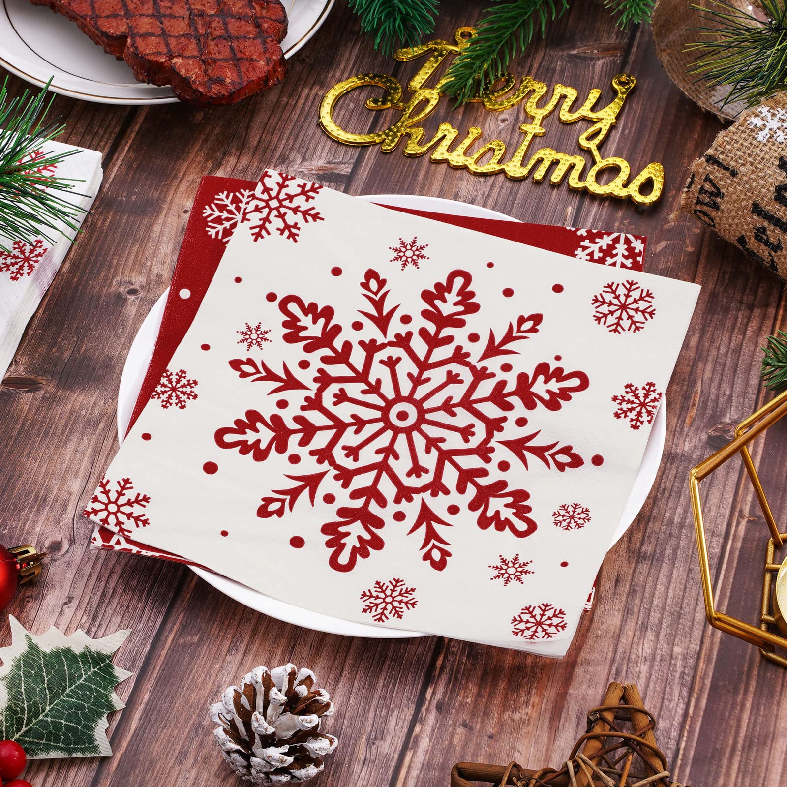 80 Stück Weihnachtsservietten Mit Schneeflocken-Muster – 16,5x16,5 Cm, Rot-weiß, Für Winterpartys