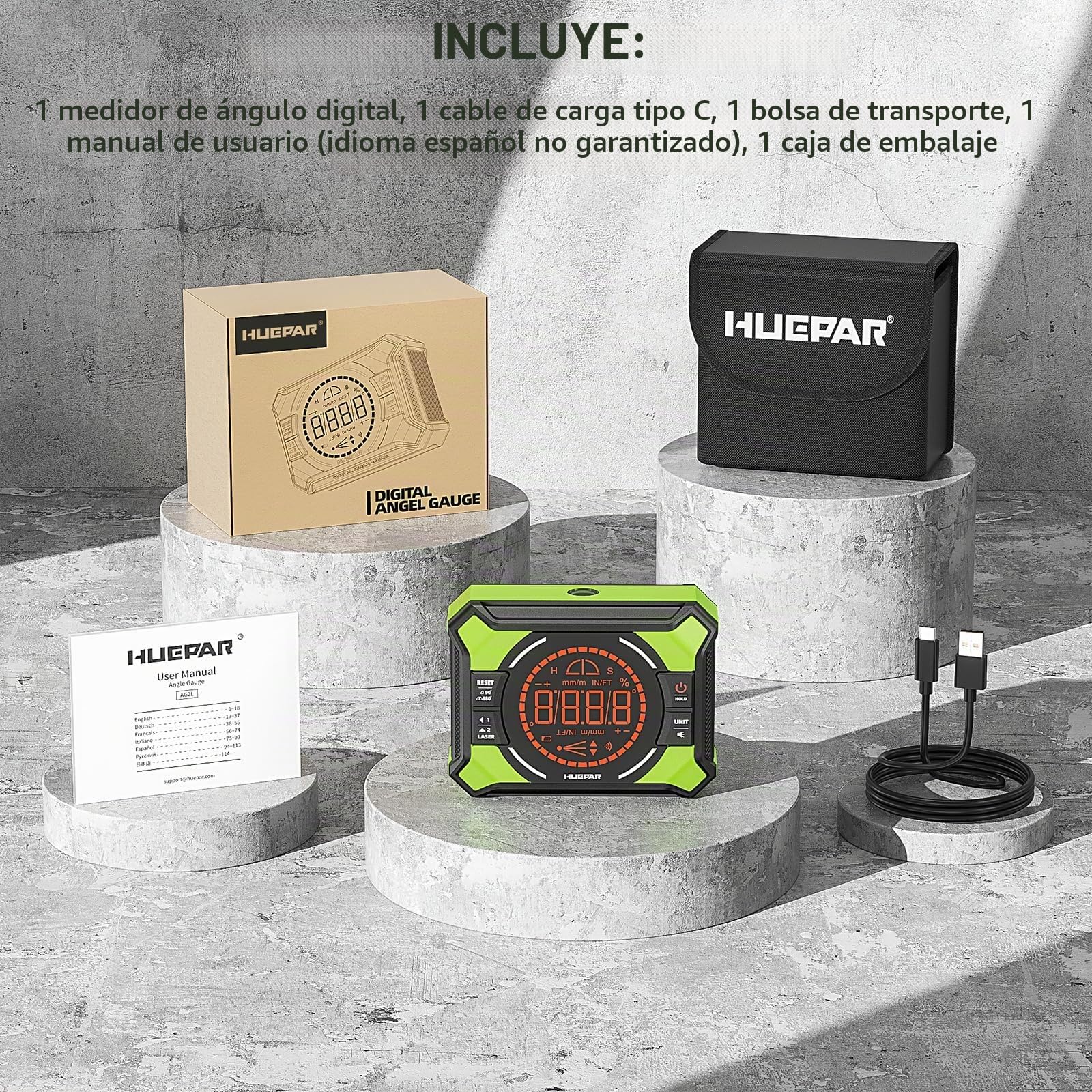 Huepar Inclinómetro Digital con Láser de Líneas Cruzadas, Pantalla LCD y Base Magnética – Ideal para Carpintería, Construcción y Bricolaje