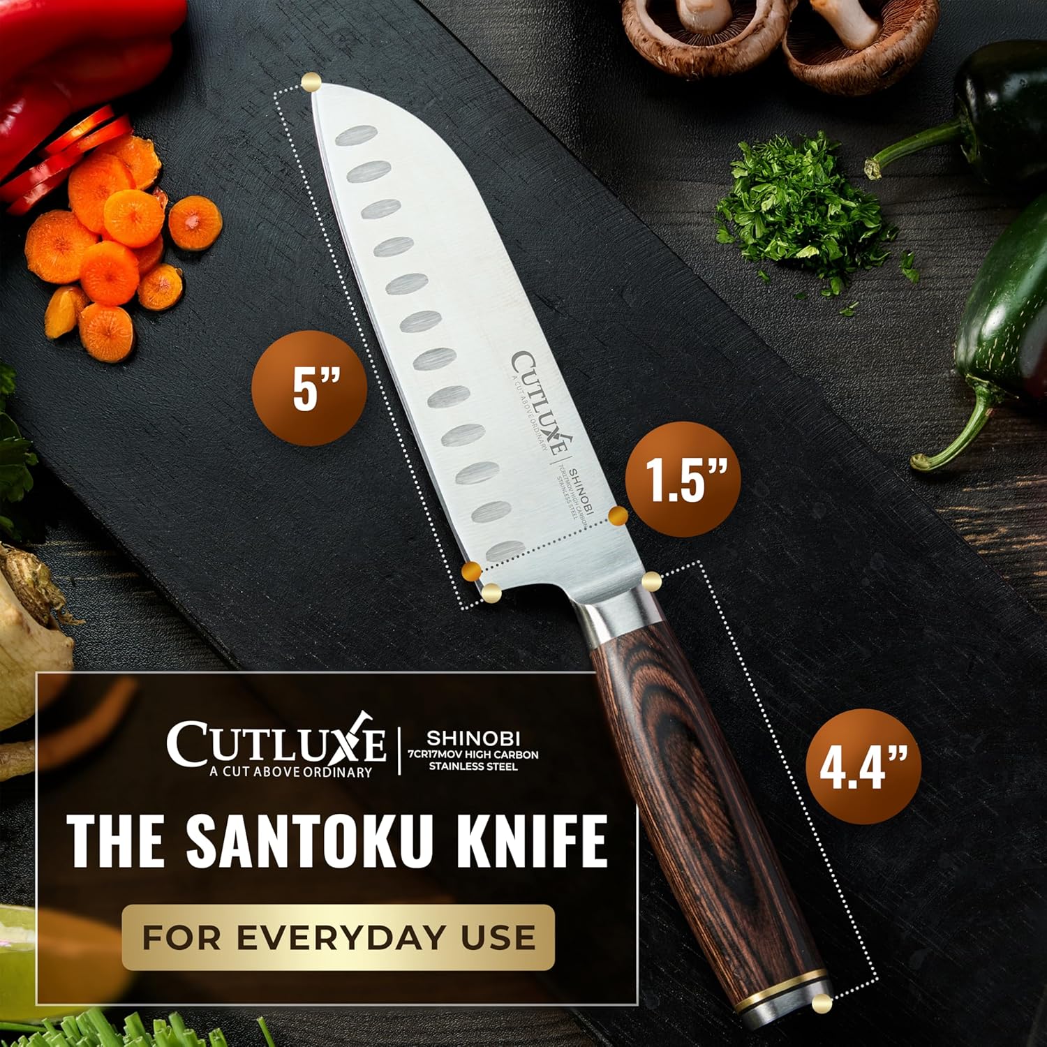 Santoku Knife – Ultra Sharp 5 Inch Meat and Vegetable Japanese Knife for Chopping, High Carbon Stainless Steel Blade, Full Tang Pakkawood Handle – Shinobi Series - Image 6