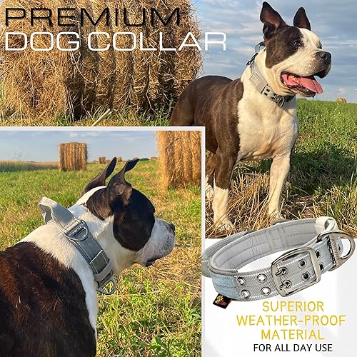 Miniatura 5 de ADITYNA Collar de perro resistente para perros grandes, collar gris reflectante con asa para entrenar y caminar, ancho, grueso, táctico, acolchado
