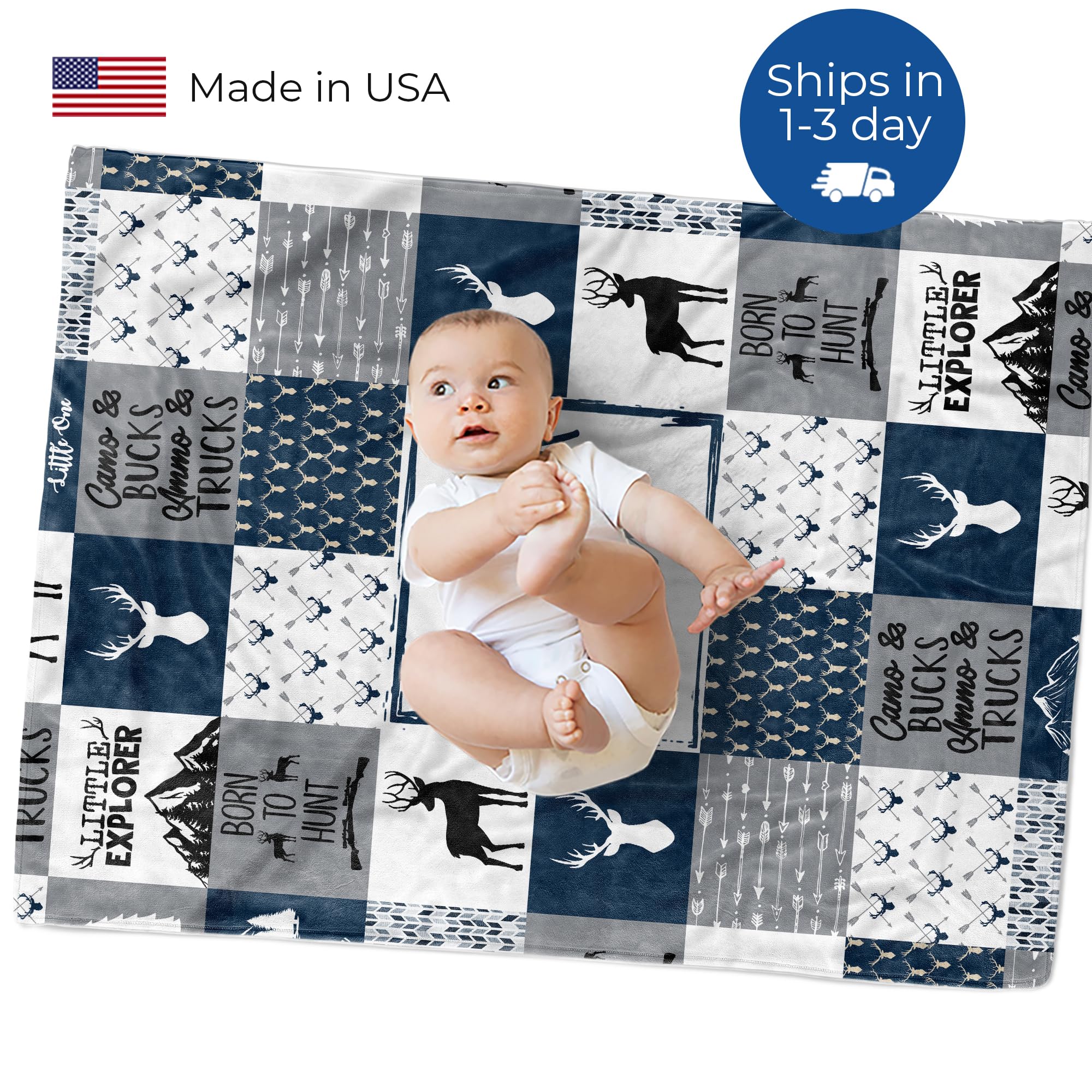 MDPrints Global Personalized Baby Blankets Deer for Boys, Personalized Baby Gifts with Name, Customized Baby Blanket, Newborn Boy Gift (Blue Ver 2)