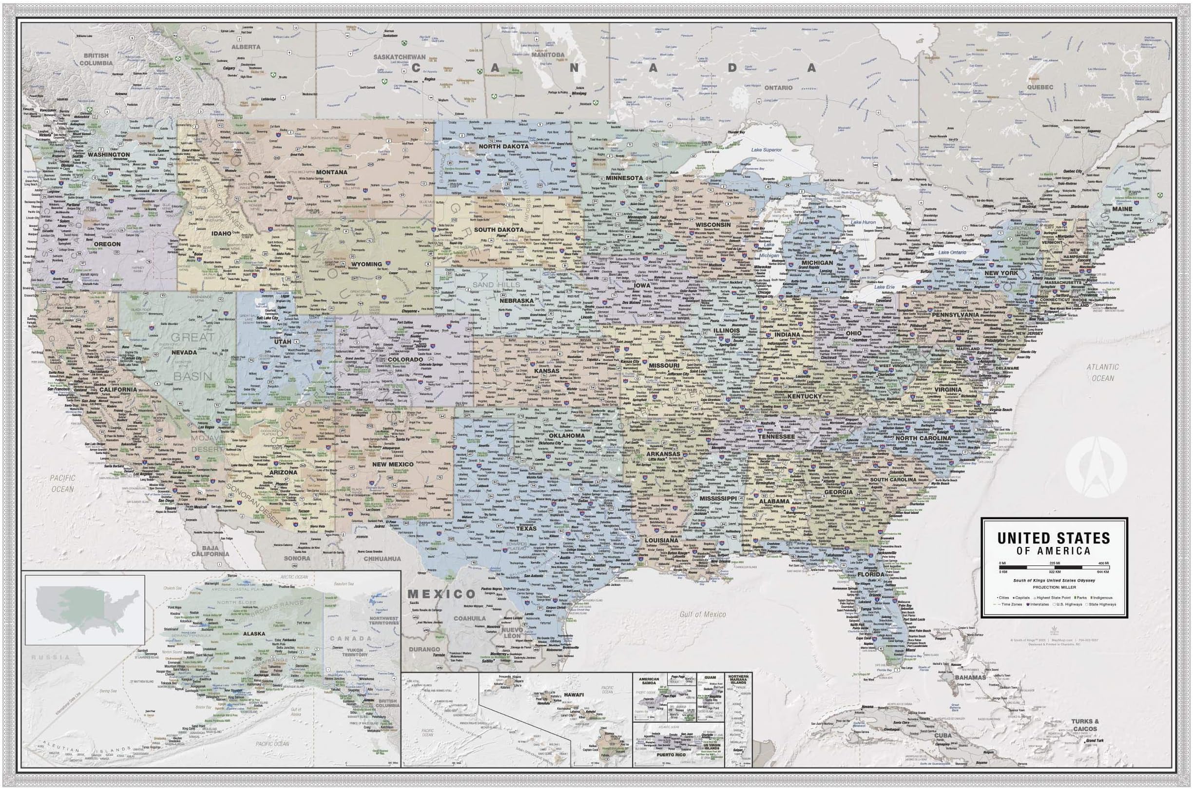 Laminated United States Odyssey Map Poster | Executive Style Map | Includes The Most Legible Location Labels | 36” x 24” | Shipped Rolled in a Tube, Not Folded | Great for The Home or Classroom