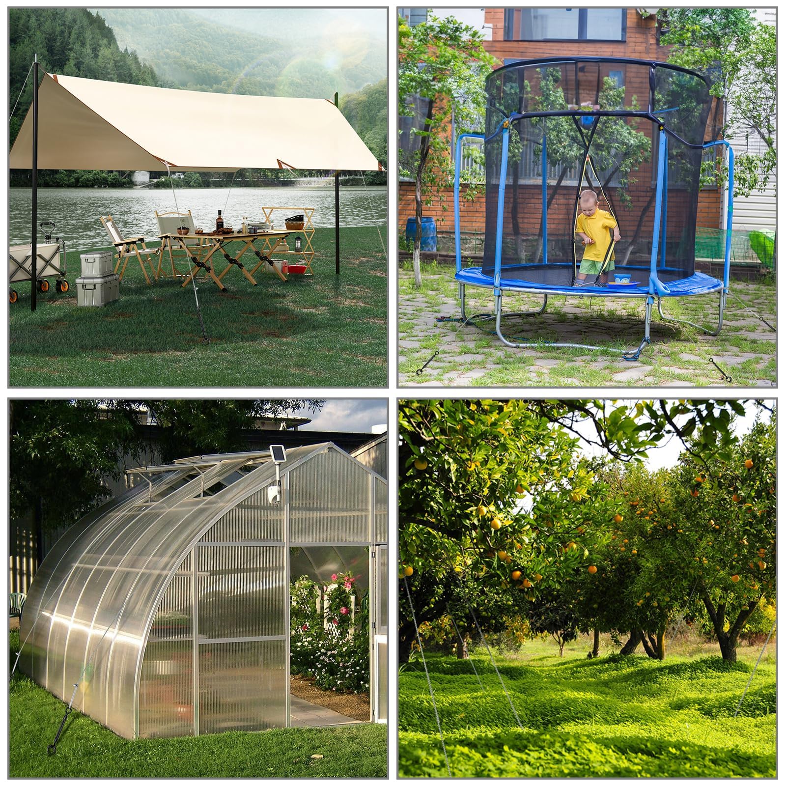 Kit d’Ancrage au Sol 45cm avec 15M Câble Acier & Tendeurs, Lot de 4 Robustes Ancrages de Terre, Kit d’Haubanage Extérieur Contre Le Vent pour Abri de Jardin et Serre, Trampoline, Tonnelle, Tente