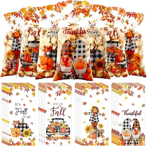 200 bolsas de regalo de Acción de Gracias, bolsas de celofán de otoño, bolsas de golosinas a cuadros de otoño, hojas de arce, calabaza, bolsas de