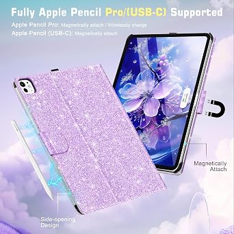 iPad Pro 33 cm ケース 2025/2024 M5/M4 ペンシルホルダー付き | キラキラ輝くサポートペンシルProとPencil、PUレザースリムフォリオスタンド磁気自動ウェイク/スリープ耐性 iPad Pro 13用