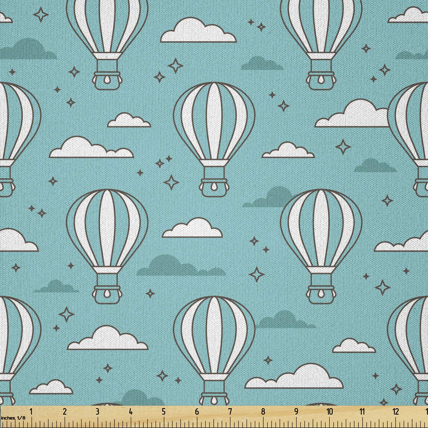 Lunarable Turquoise and White Fabric by The Yard, Hot Air Balloons Flying in The Sky Cartoon Style Illustration, Microfiber Fabric for Arts and Crafts Textiles &amp; Decor, 3 Yards, Turquoise and White