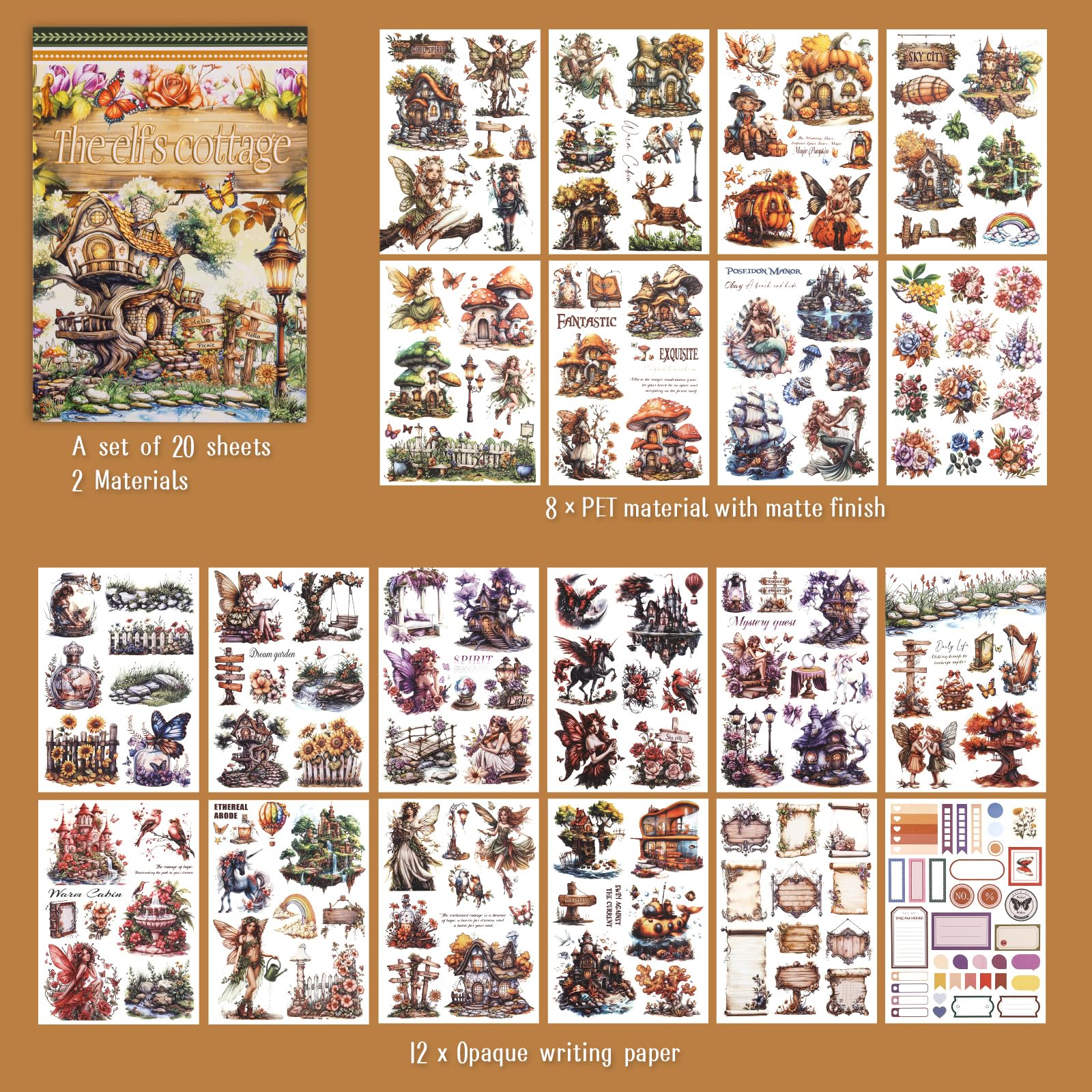Dizdkizd Wstępnie wycięta naklejka z rdzeniem domku do dziennika, elf wróżka PET i materiały papierowe vintage efemeryda kolaż książka, śliczne Bullet Journal kalkomanie artykuły do scrapbookingu
