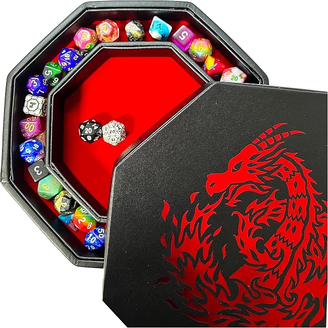 Fantasydice- Fire Dragon - Dice Tray - 20CM Octagon with Lid and Dice Staging Area- Holds 5 Sets of Dice(7 / Standard) For All Tabletop RPGs Like D&D , Call of Cthulhu, Shadowrun. (RED)