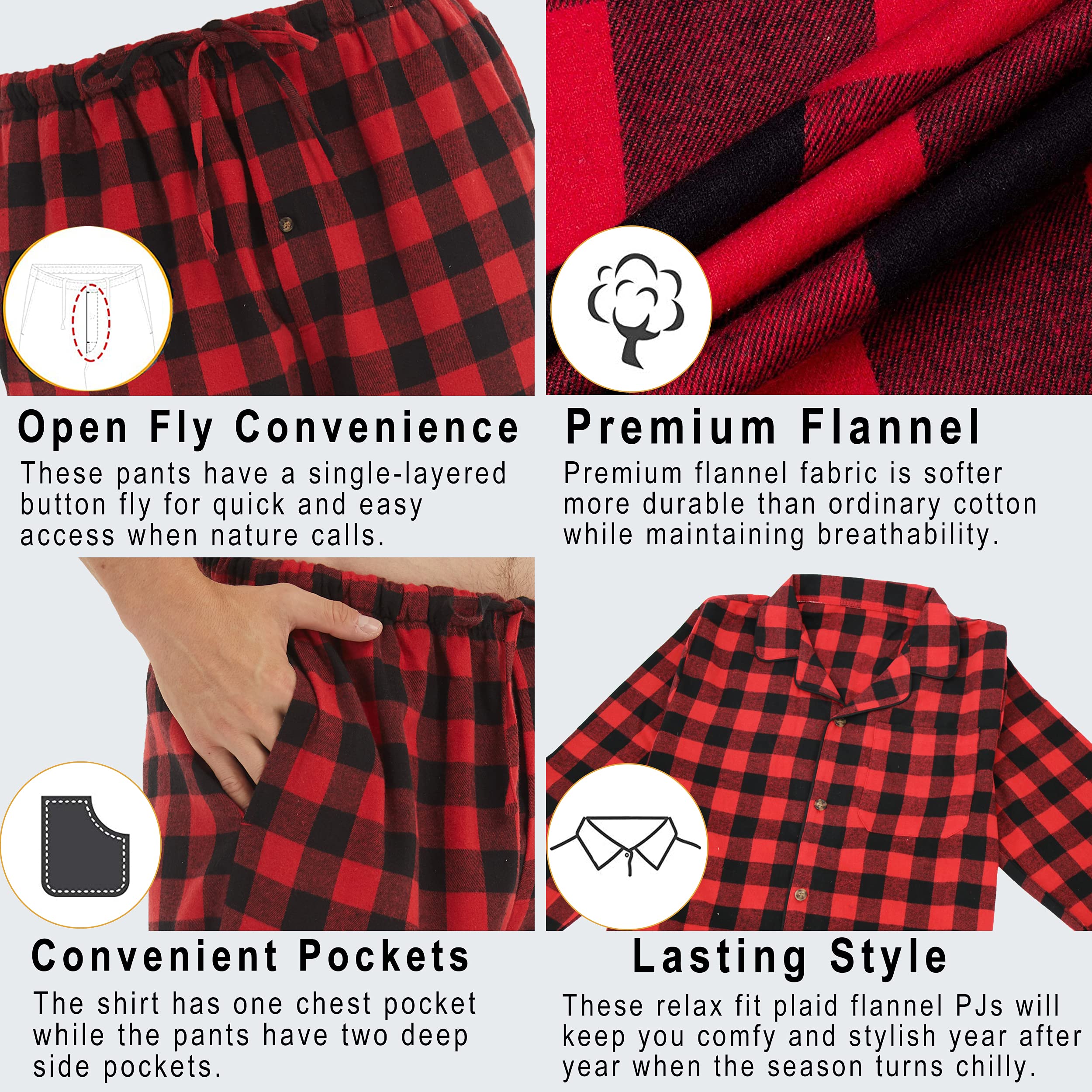 Conjunto de pijama de franela de algodón a cuadros para hombre, con botones, cálido, suave, ropa de dormir y pantalones de pijama con bolsillos