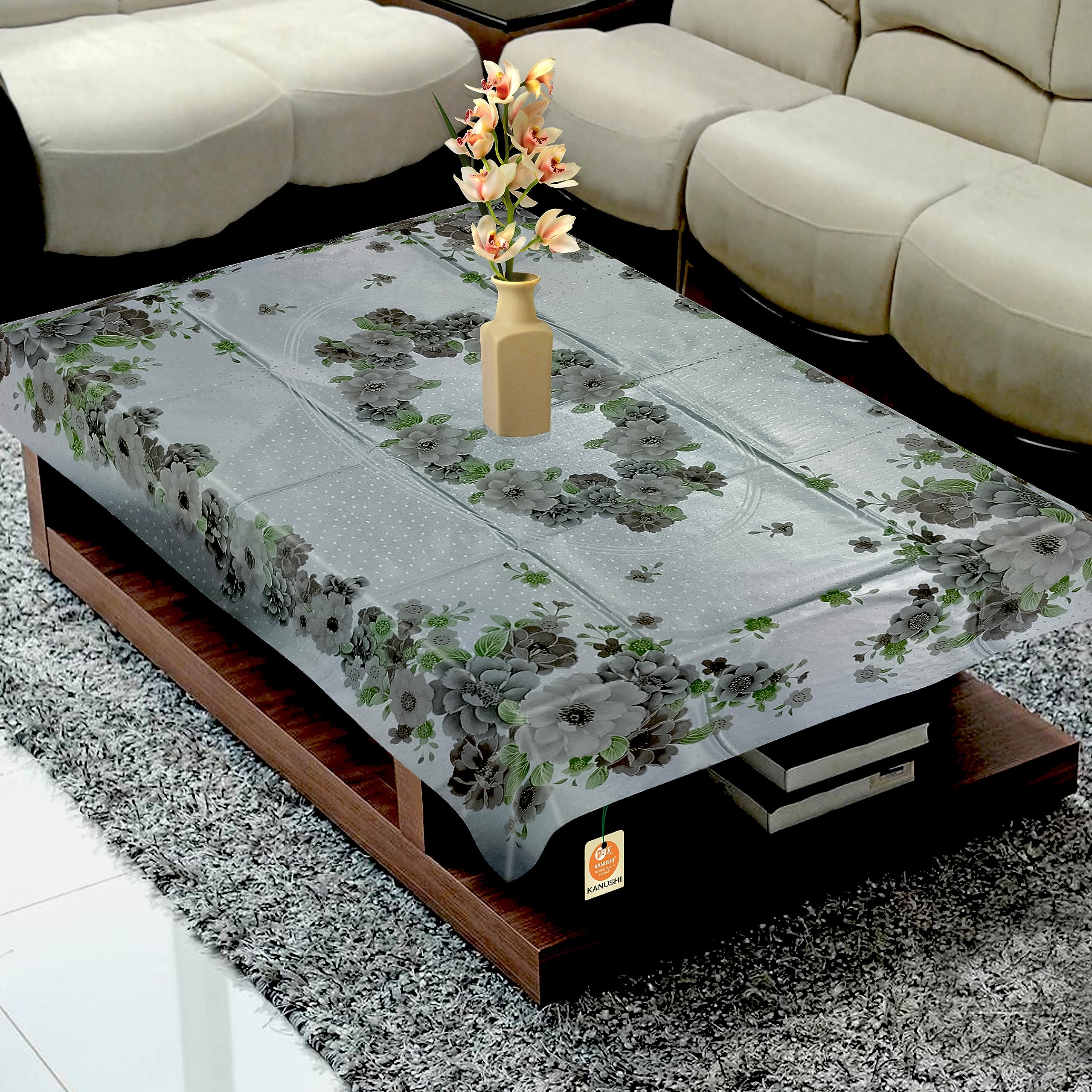 KANUSHI Industries® 100% Waterpoof & Dustproof Plastic Center Table Cover for 4 Seater(40 * 60-inch)(T-Cover-Printed-Flower-Grey)-image-29