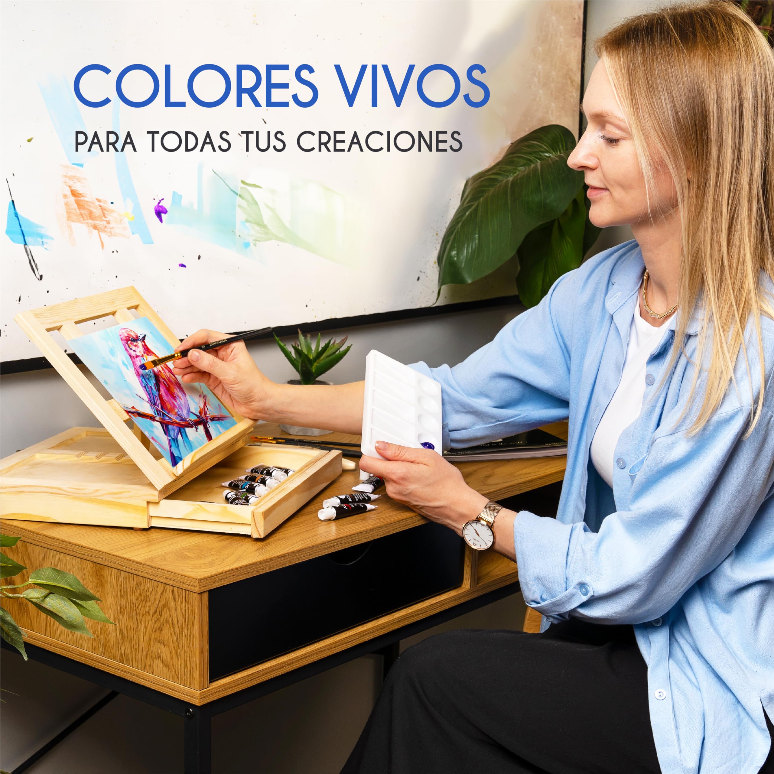 Kit Pintura con 22 piezas - 12 Tubos de Pintura Acrílica, 6 Pinceles de Pintura, Lienzo de Pintura, 2 Espátulas y Paleta de Pintura
