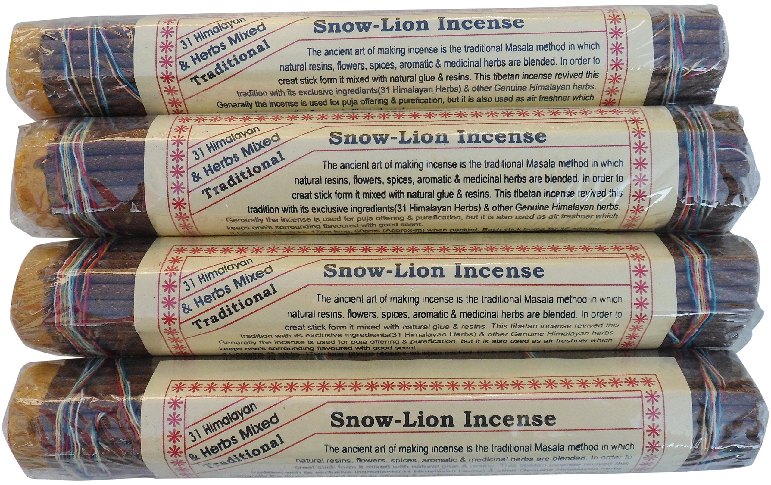 Nepal/Tibet 8 Aromas Incense Joss Sticks Lemon Juniper Sandalwood Amber Musk - Pack of 4 (Snow Lion x 4)