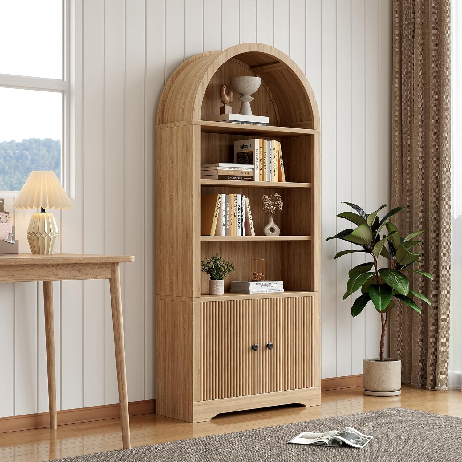 70" Arched Bookcase with Storage, 6 Tier Bookshelf with Door, Freestanding Display Storage Cabinet Farmhouse Storage Shelves for Living Room,Bedroom Home Office,Natural Oak