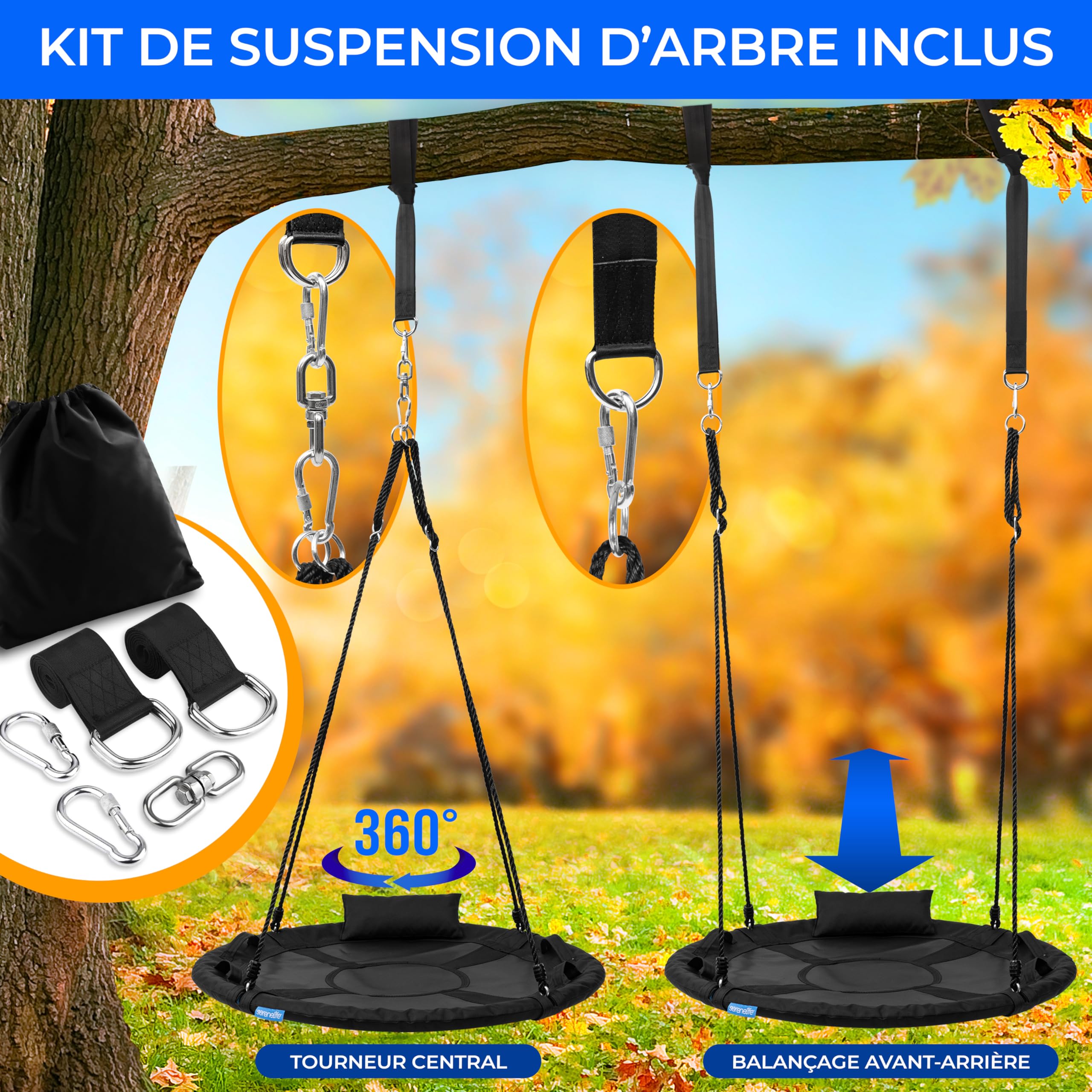 SereneLife Balançoire Exterieur Tournante 100 cm avec Coussin – Siège Extérieur Imperméable avec Sac, Charge 317 kg | Kit de Suspension Universel, Tapis Résistant à l’Eau, Noir