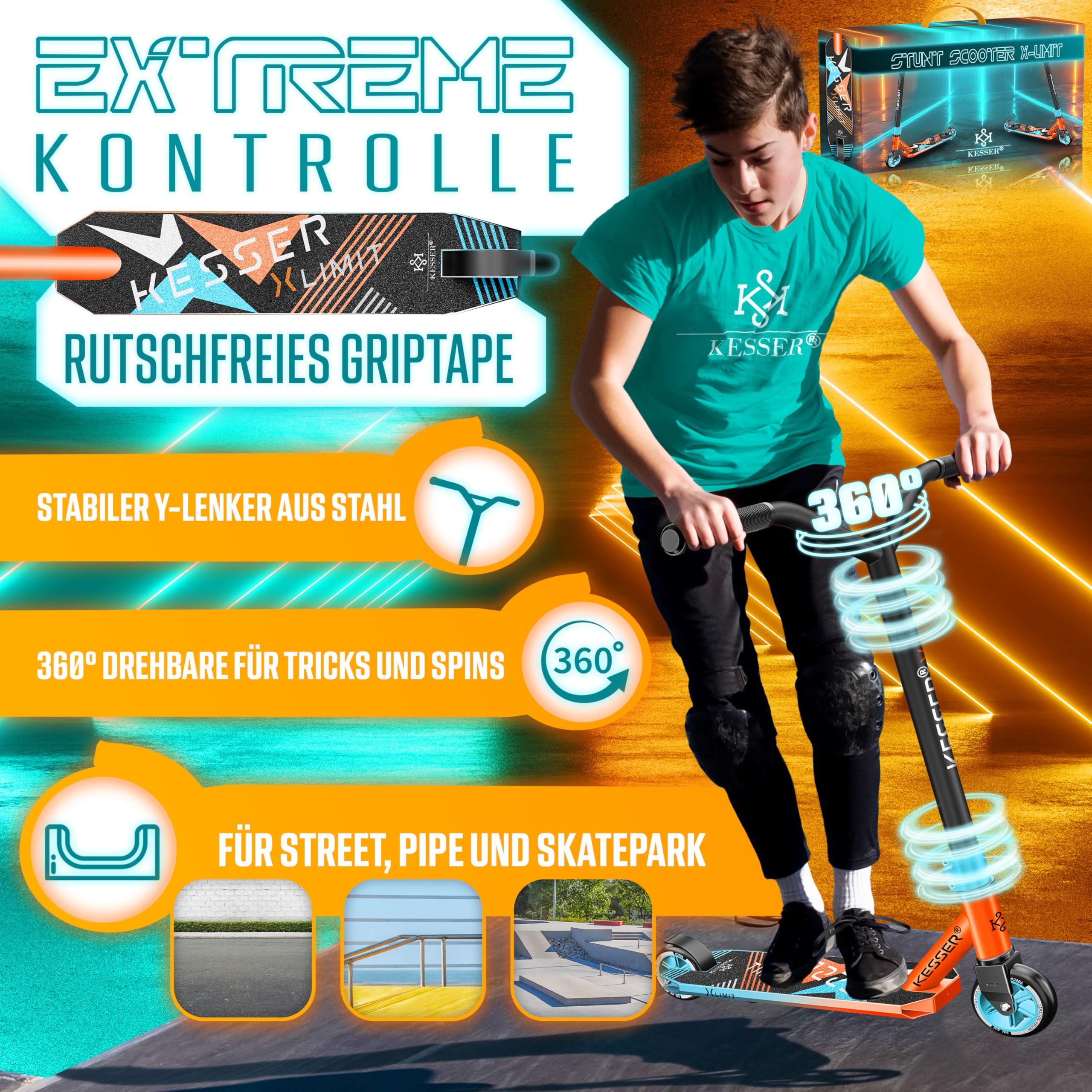 KESSER® Trottinette Freestyle | Trottinette Freestyle X-Limit | Direction à 360° | Roulements à Billes ABEC 9 de 100 mm | Roues en polyuréthane | Robuste | Rouge