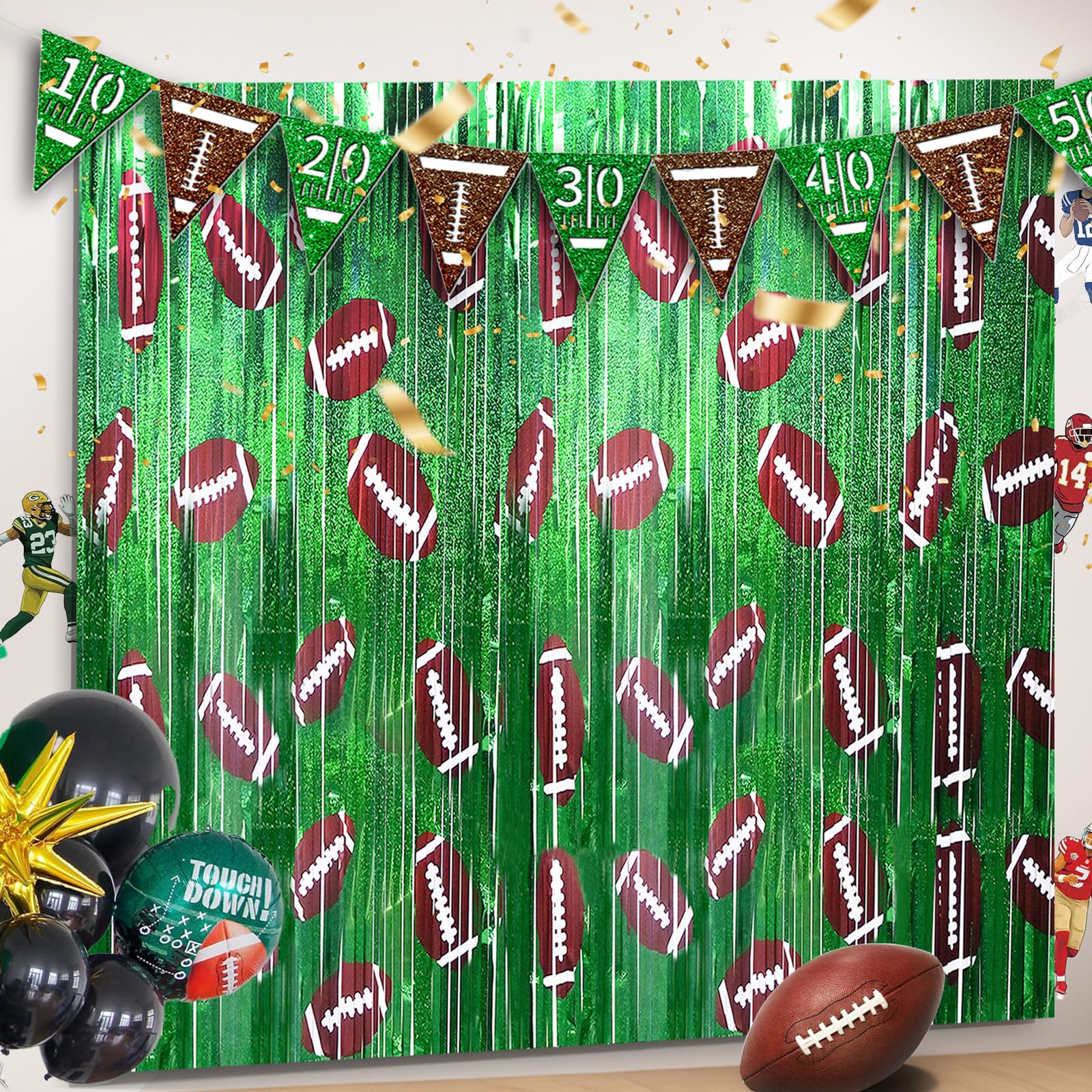 Football Party Decorations, 2 Pcs 3.3x6.6 ft Foil Fringe Curtain Backdrop