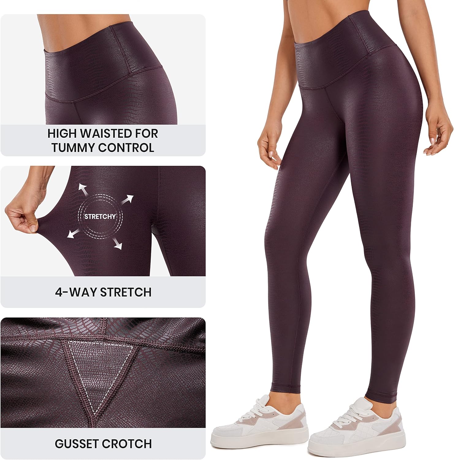 CRZ YOGA Matte Faux Leather Leggings for Women 25'' - High Waisted Stretch Ankle Leather Pants Tummy Control Pleather Tights Dark Russet Lizard X-Small