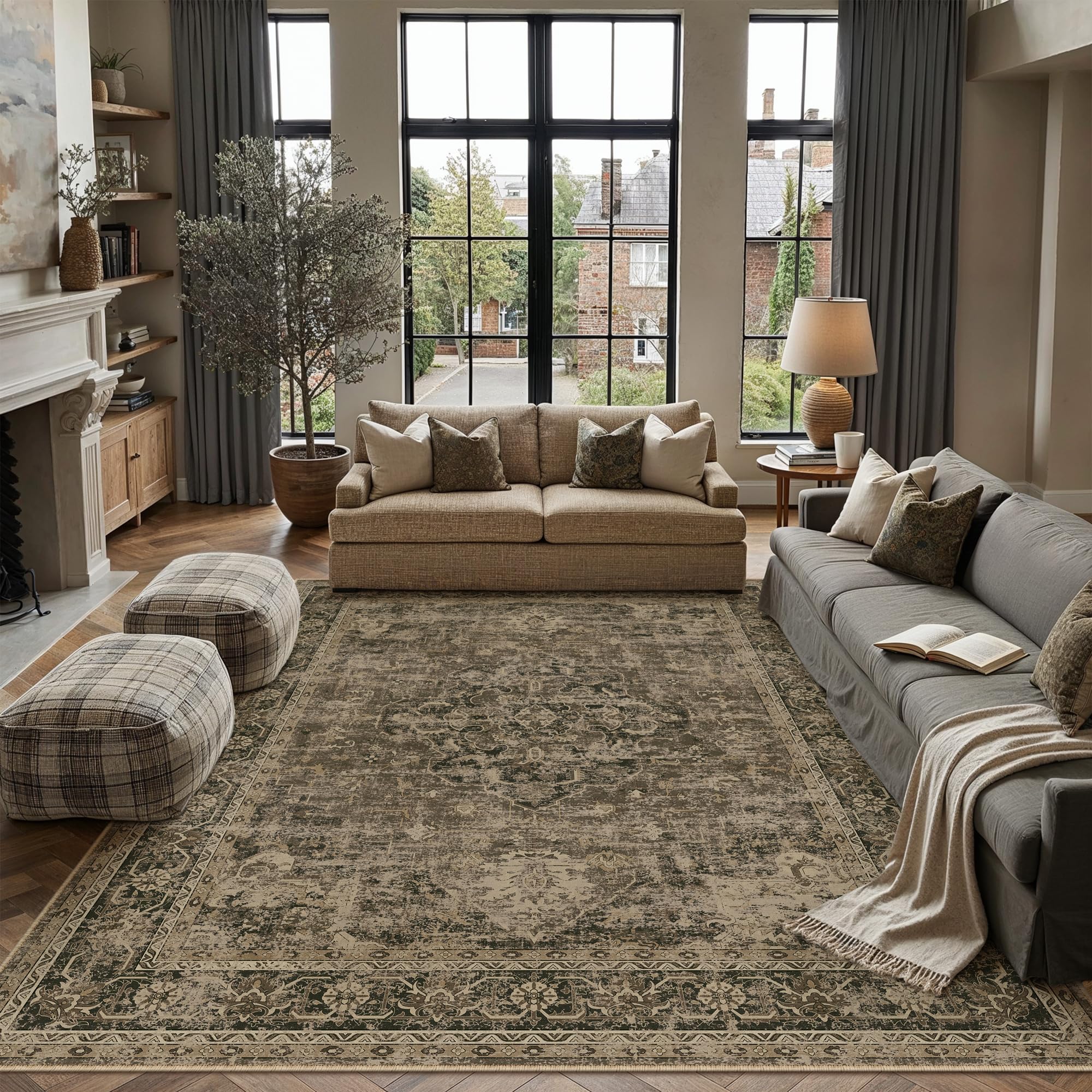purecozy 9x12 washable area rug brown vintage distressed large rug for living room oriental soft thin indoor retro carpet non slip low pile floor cover for bedroom dining room office nursery