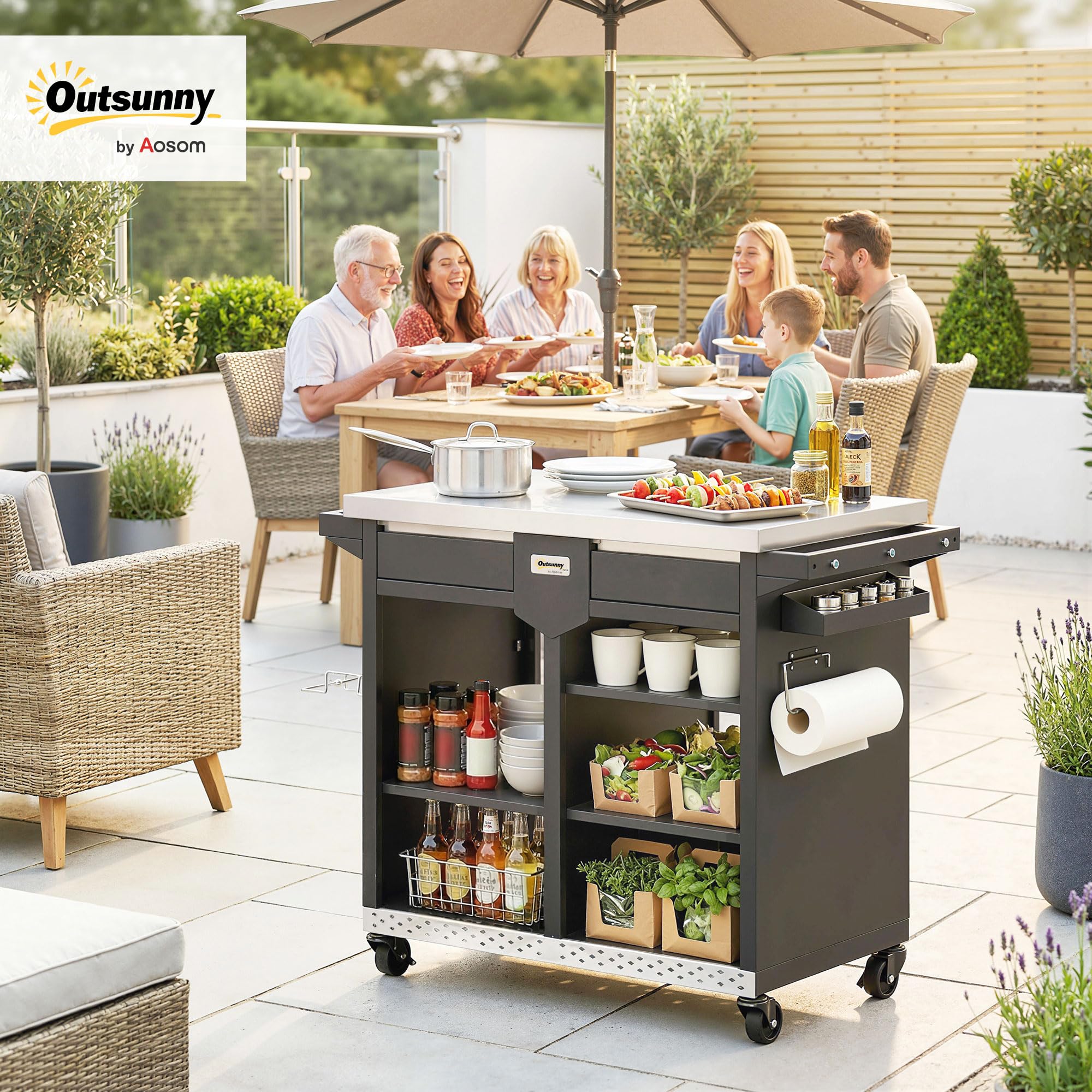 Outsunny Carrito de barbacoa de 5 niveles, mesa de barbacoa con superficie de trabajo de acero inoxidable, ajustable, estantes, cajón, ruedas, soporte para especias, soporte para bolsas de basura
