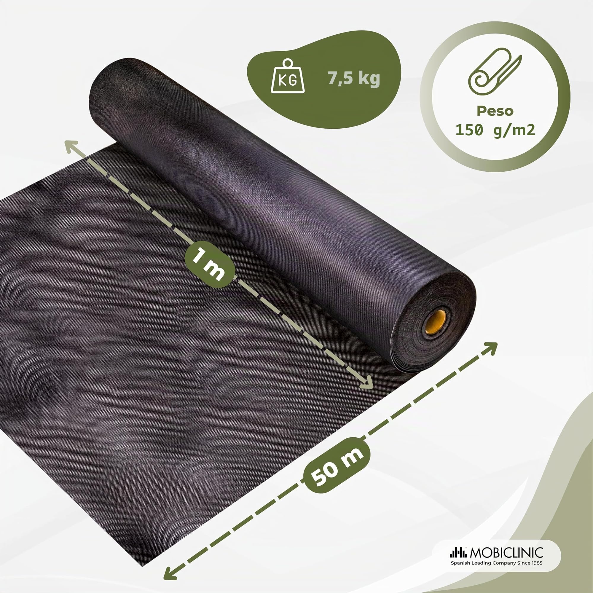 Mobiclinic®, Telo Pacciamatura, Geotessile, 150 g/m² Alta Grammatura, 1x50 m, Resistente ai Raggi UV e agli Strappi, Rete Anti-Erbacce, Permeabile all'Acqua, Traspirante, Giardino e Serra, HerbStop