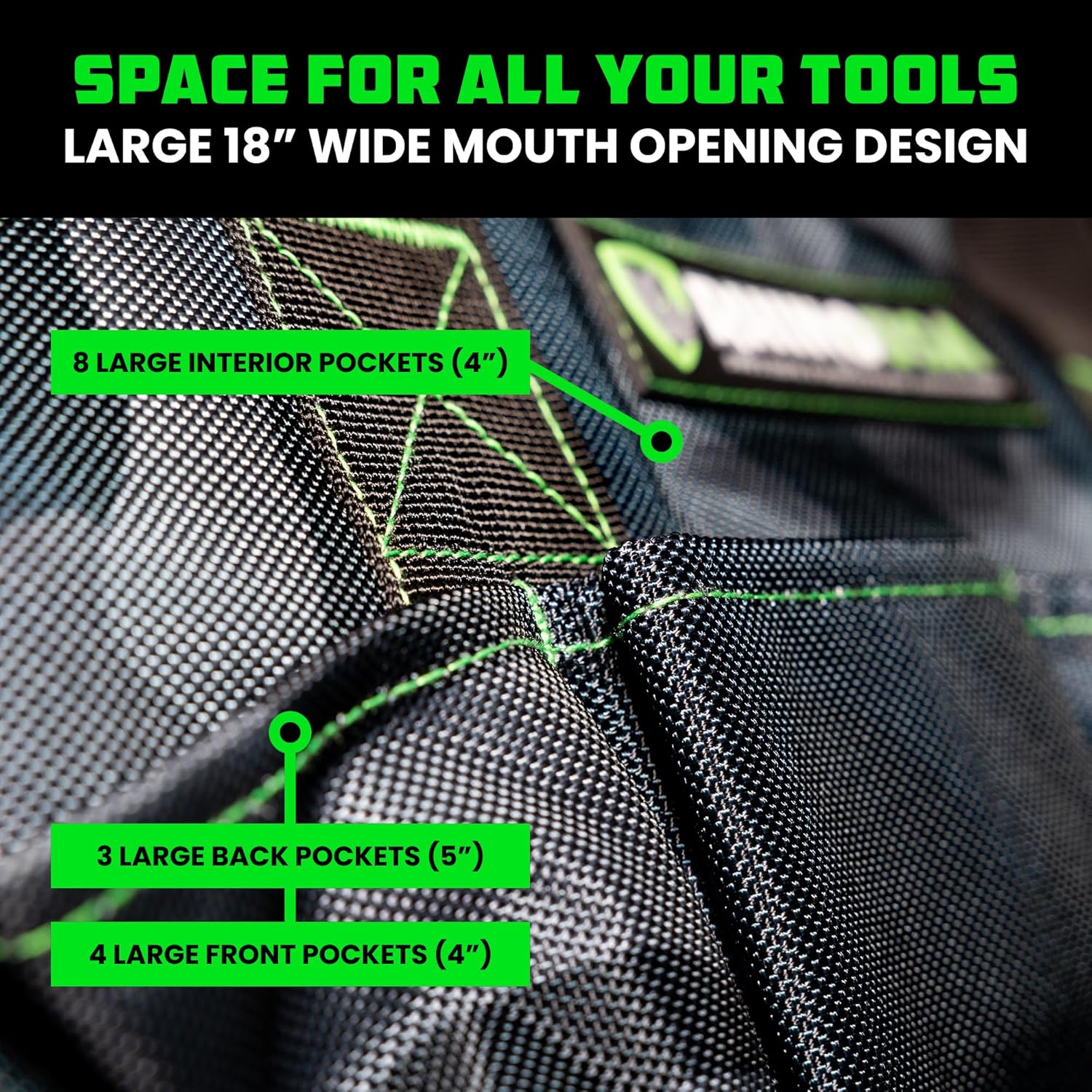 Rhino USA Tool Bag (18-Inch) Heavy Duty Wide Mouth Tool Tote with Zipper for Men - Large Tools Bags with Extra Side Storage Pockets, Reinforced Shoulder Strap & Upgraded Metal Clips (Camo)