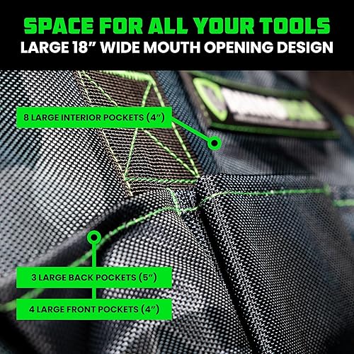 Miniatura 4 de Rhino USA Bolsa de herramientas (18 pulgadas) resistente de boca ancha con cremallera para hombres, bolsas grandes para herramientas con bolsillos