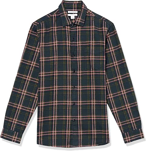 Miniatura 81 de Yaxa Essentials Camisas de franela de manga larga para hombre, corte ajustado, a cuadros con botones