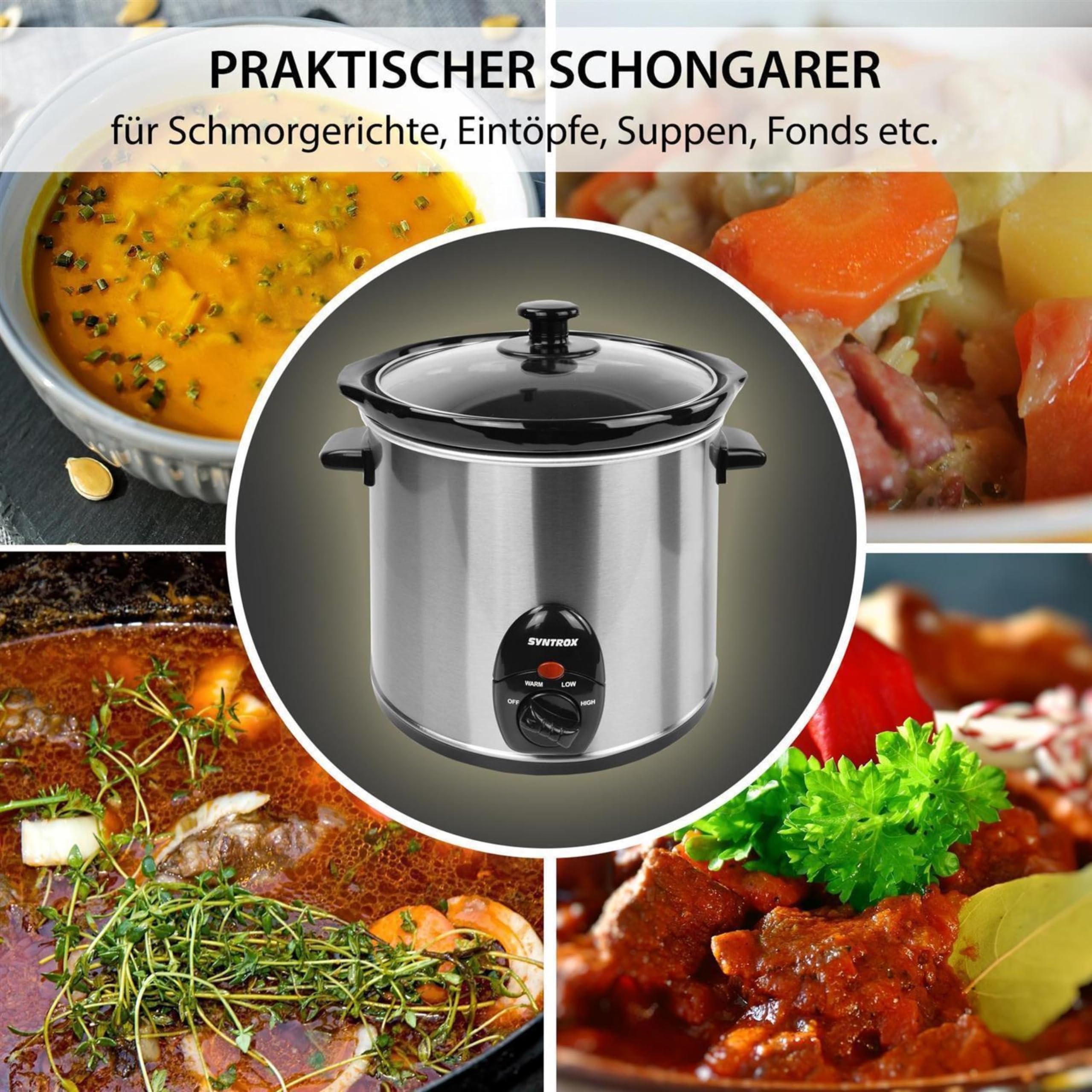 Syntrox Germany 3,0 l Slow Cooker | Schmortopf | Schongarer | Multikocher Delira, Edelstahl, Warmhaltefunktion, Keramik Servierschüssel, rutschsichere Standfüße, Spülmaschinengeeignet