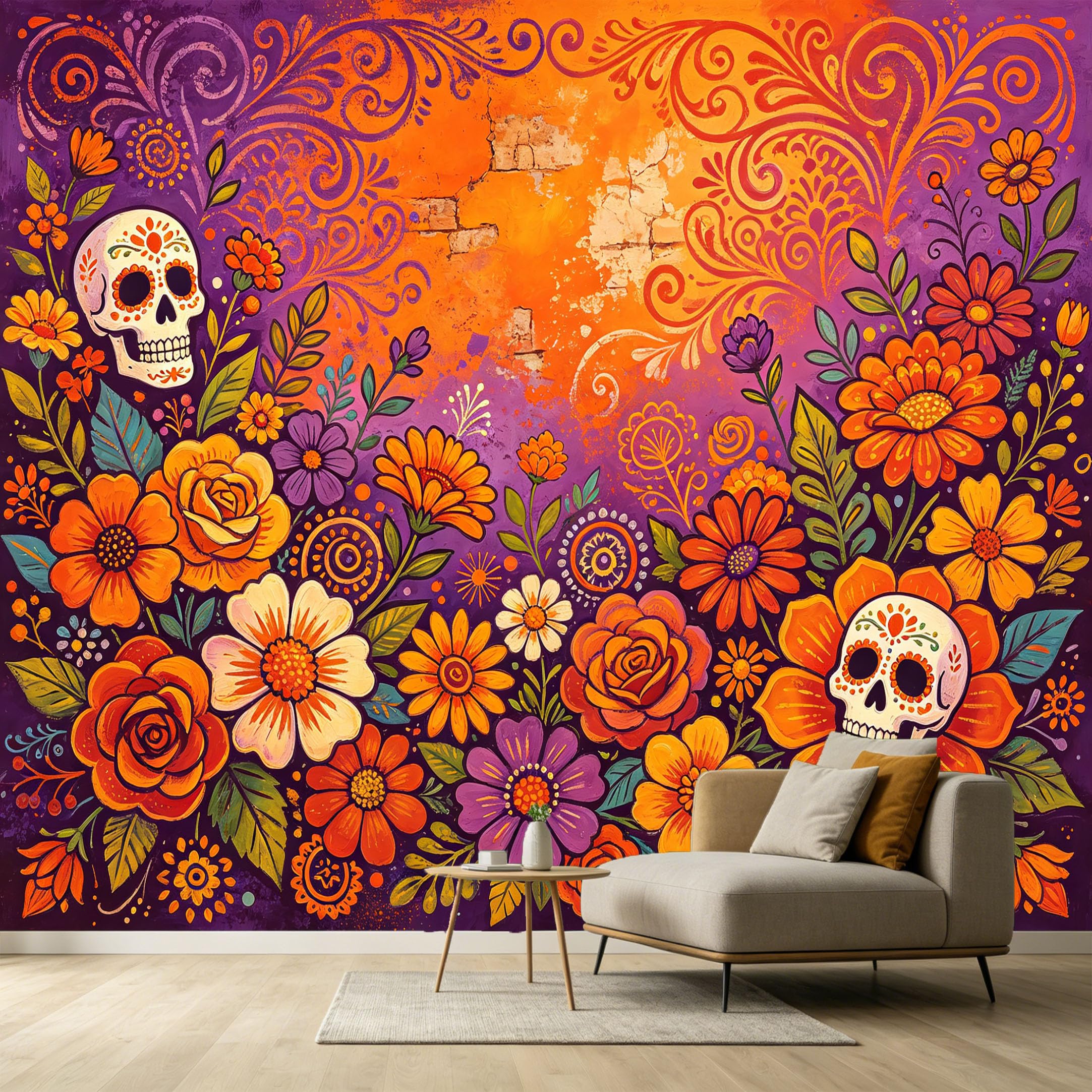 Custom Size Wall Murals Day of Dead Floral Art Watercolor Abstract Skulls Vibrant Petals SelfAdhesive Wall Fabric Removable Large Wallpaper for Photo Living Room