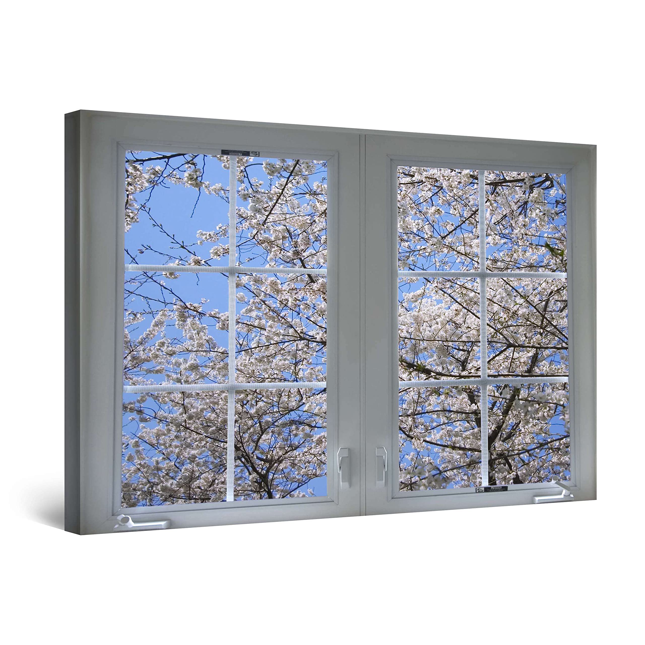 Startonight Canvas Wall Art - White Window Springtime Flowers, Stretched Print, Modern for Bedroom or Living Room, Unique Luminous Artwork 80 cm x 120 cm