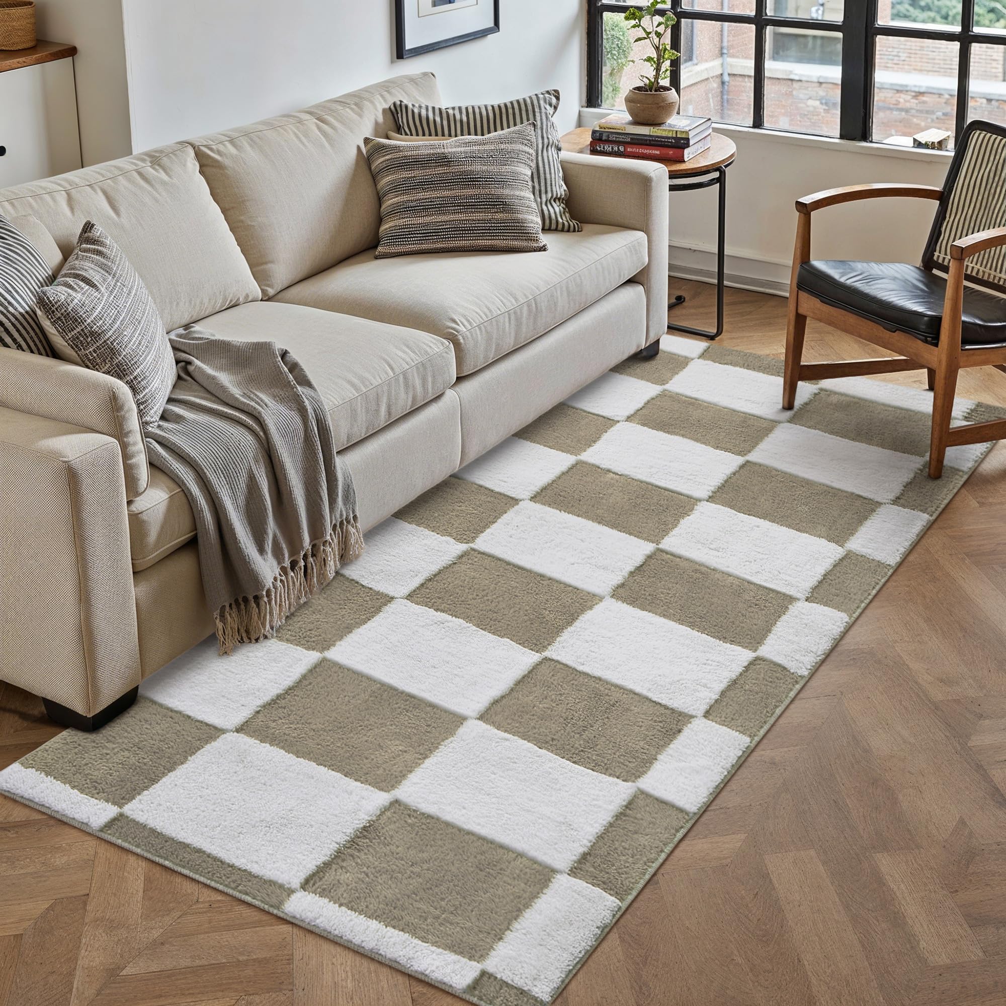 PureCozy Kariert Läufer Flur Teppich 60x180cm Beige Weiß Küche Waschbarer Teppiche 3D Effekt Schlafzimmer Bettvorleger Kinderzimmer Kinderteppich Esszimmer Kurzflor Weich rutschfest Langer Carpet