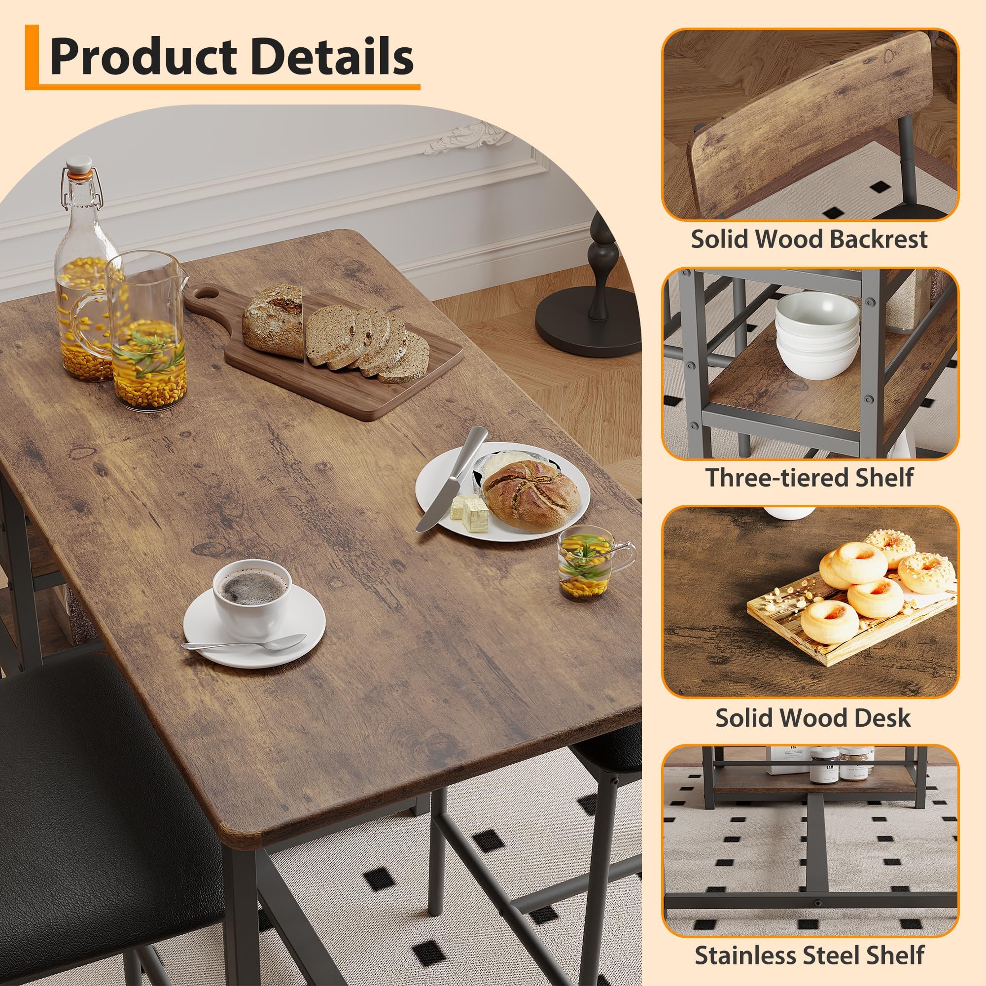 Bartisch Set 3-Teilig, Bistrotisch Set mit Metallgestell, 2 Personen BartischSet mit 2 Gepolsterten Stühlen & 3 Ablagen, Esstisch für Wohnzimmer, Esszimmer und Küche - Braun